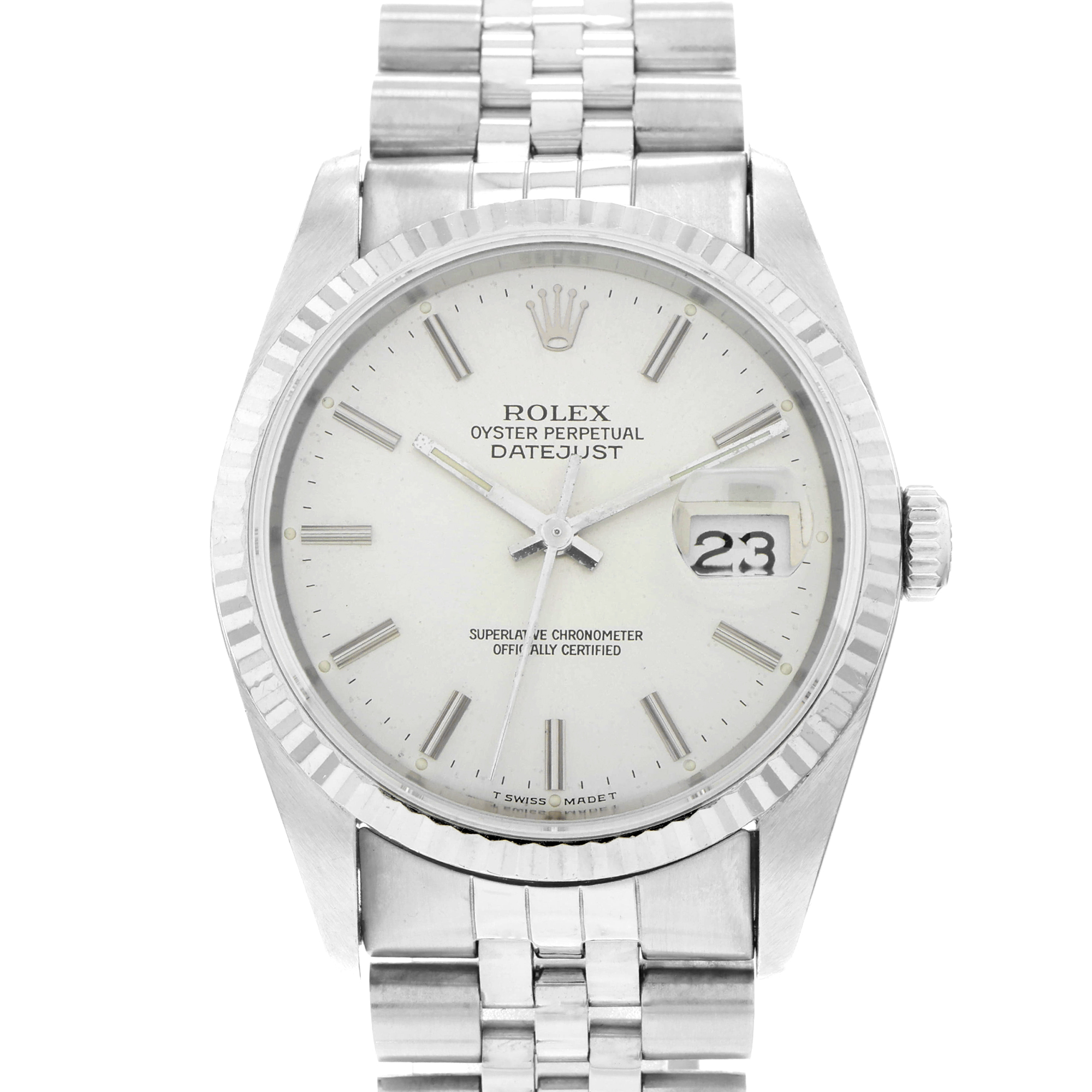 Rolex Datejust 36 16234 Silver Stick 18k Gold Fluted Bezel thumbnail 1