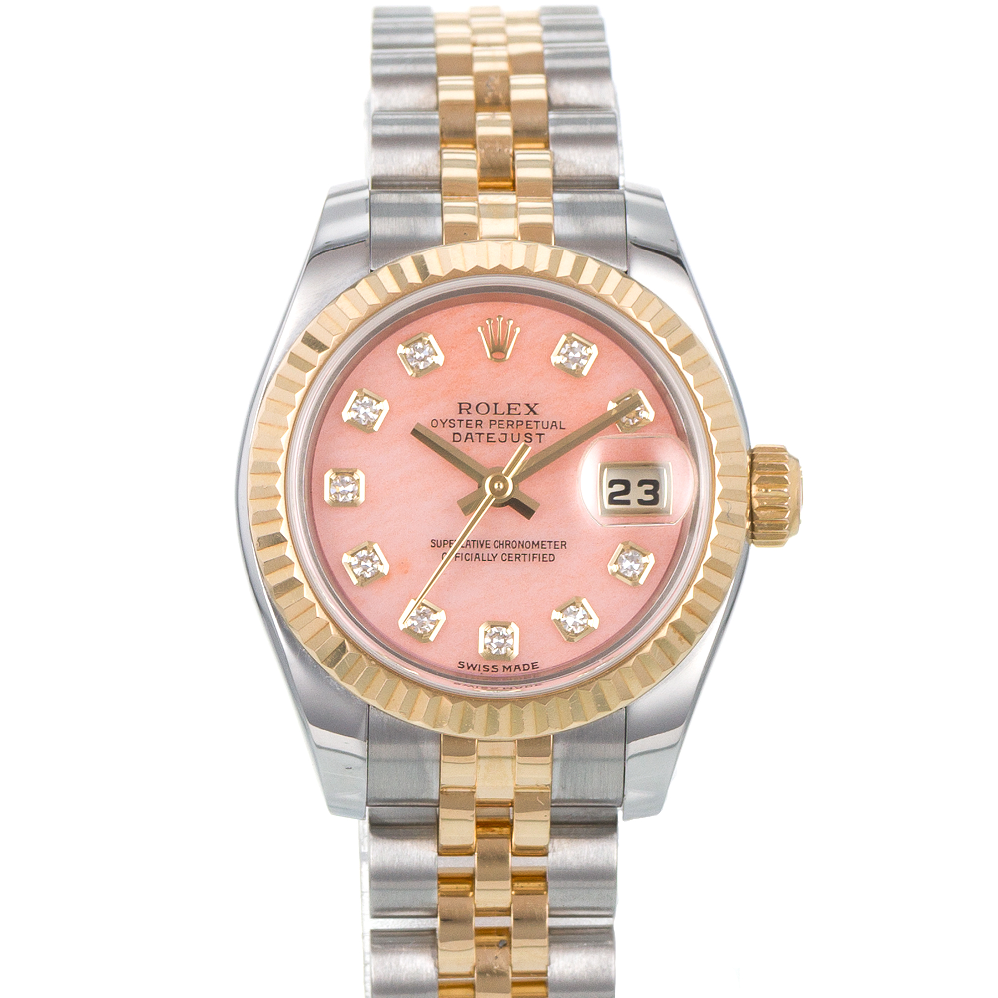 Rolex Datejust 26 179173 Pink Mother of Pearl Diamond 18k Yellow Ladies Watch thumbnail 1