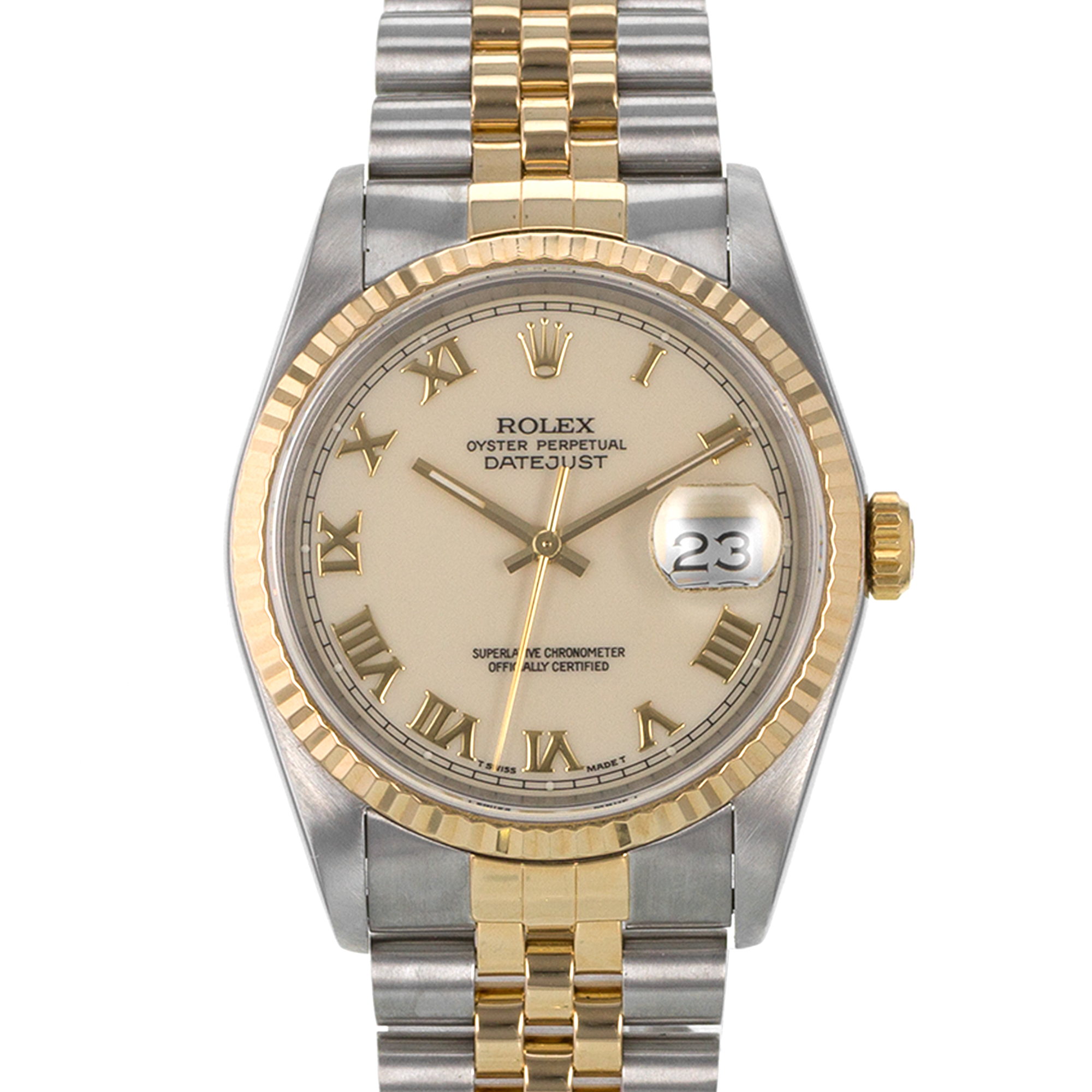 Rolex Datejust 36 16233 Cream Roman 18k Yellow Gold Fluted Jubilee Mens Watch thumbnail 1