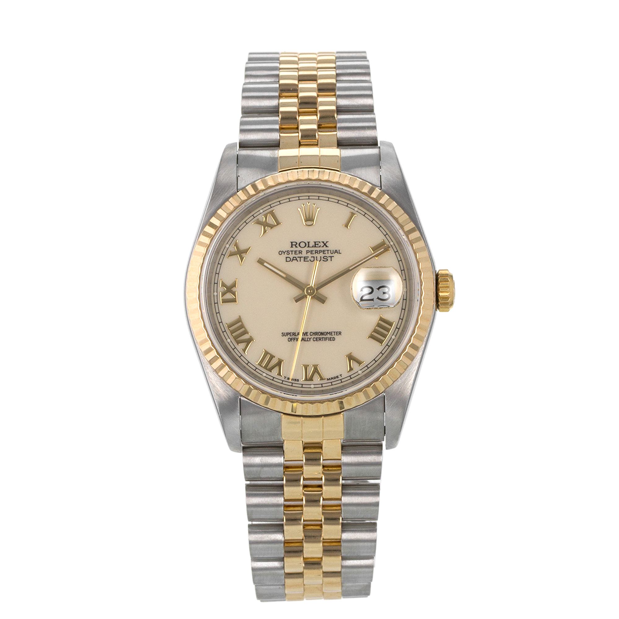 Rolex Datejust 36 16233 Cream Roman 18k Yellow Gold Fluted Jubilee Mens Watch thumbnail 2