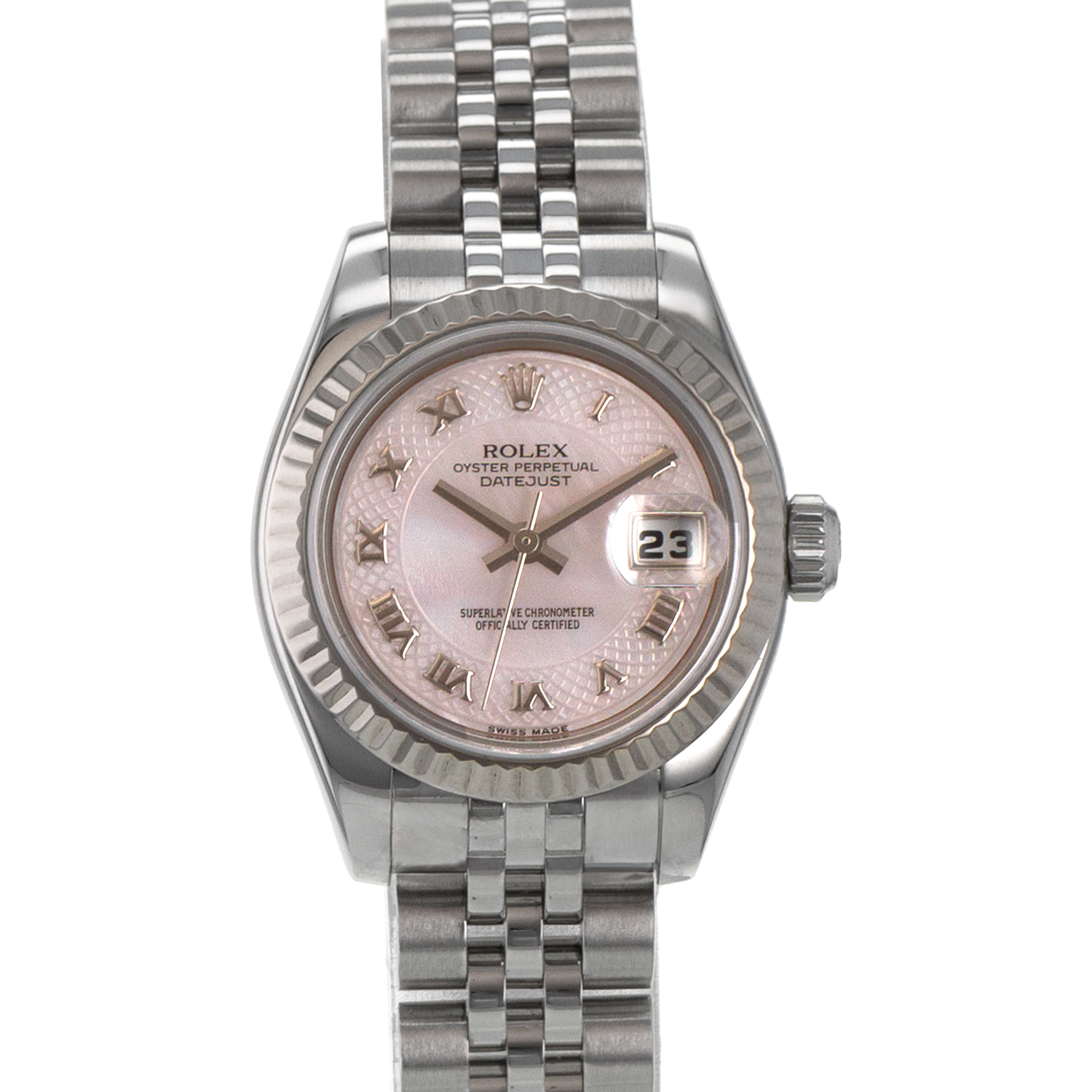 Rolex Datejust 26 179174 Pink Mother of Pearl 18k Fluted Jubilee Ladies Watch thumbnail 1