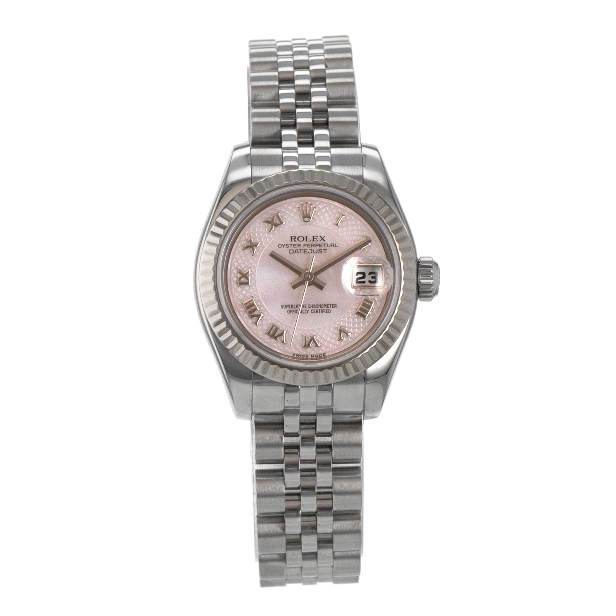 Rolex Datejust 26 179174 Pink Mother of Pearl 18k Fluted Jubilee Ladies Watch thumbnail 2