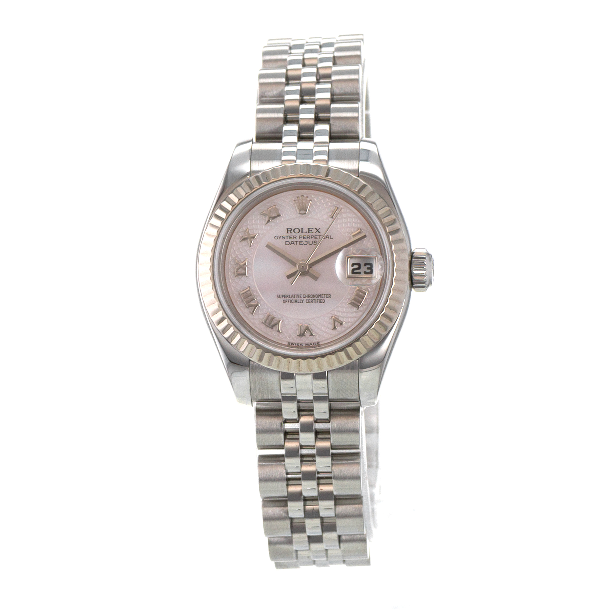 Rolex Datejust 26 179174 Pink Mother of Pearl 18k Fluted Jubilee Ladies Watch thumbnail 3