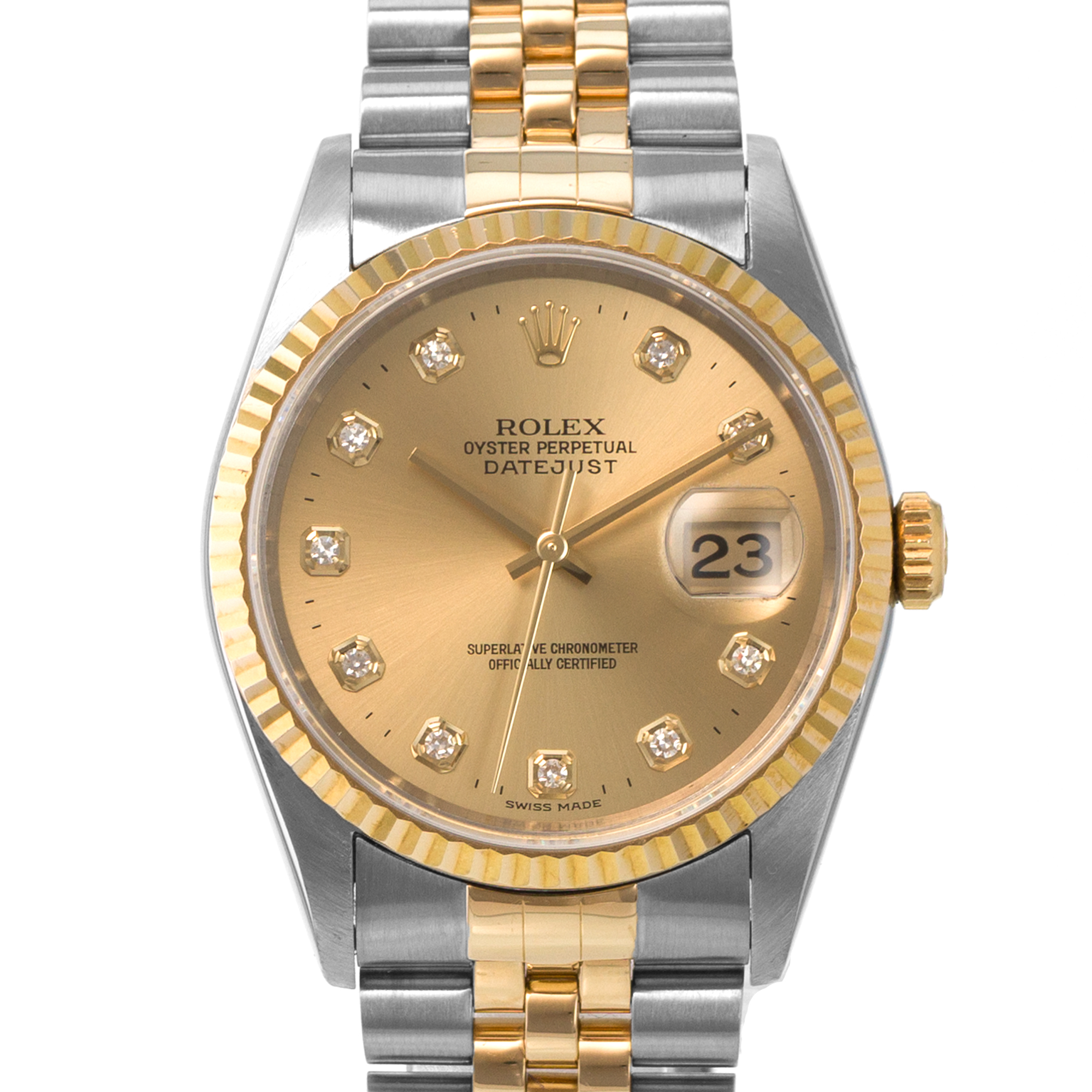 Rolex Datejust 36 16233 Factory Yellow Diamond Gold Fluted Jubilee Mens Watch thumbnail 1