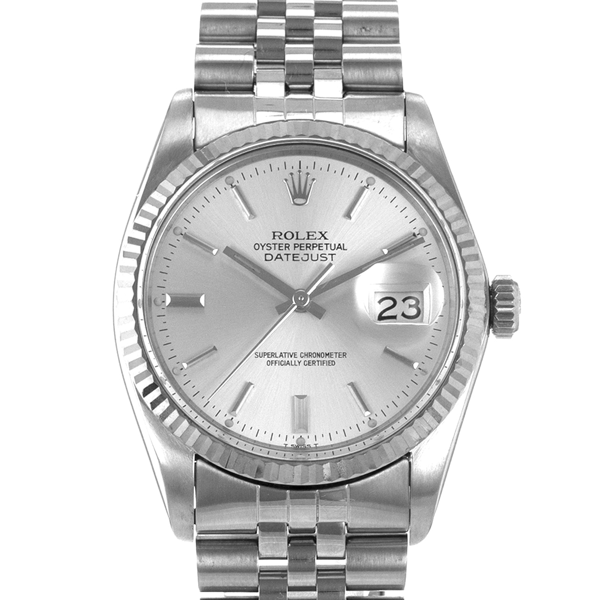 Rolex Datejust 36 16014 Vintage Silver Stick Steel White Gold Jubilee Mens Watch thumbnail 1