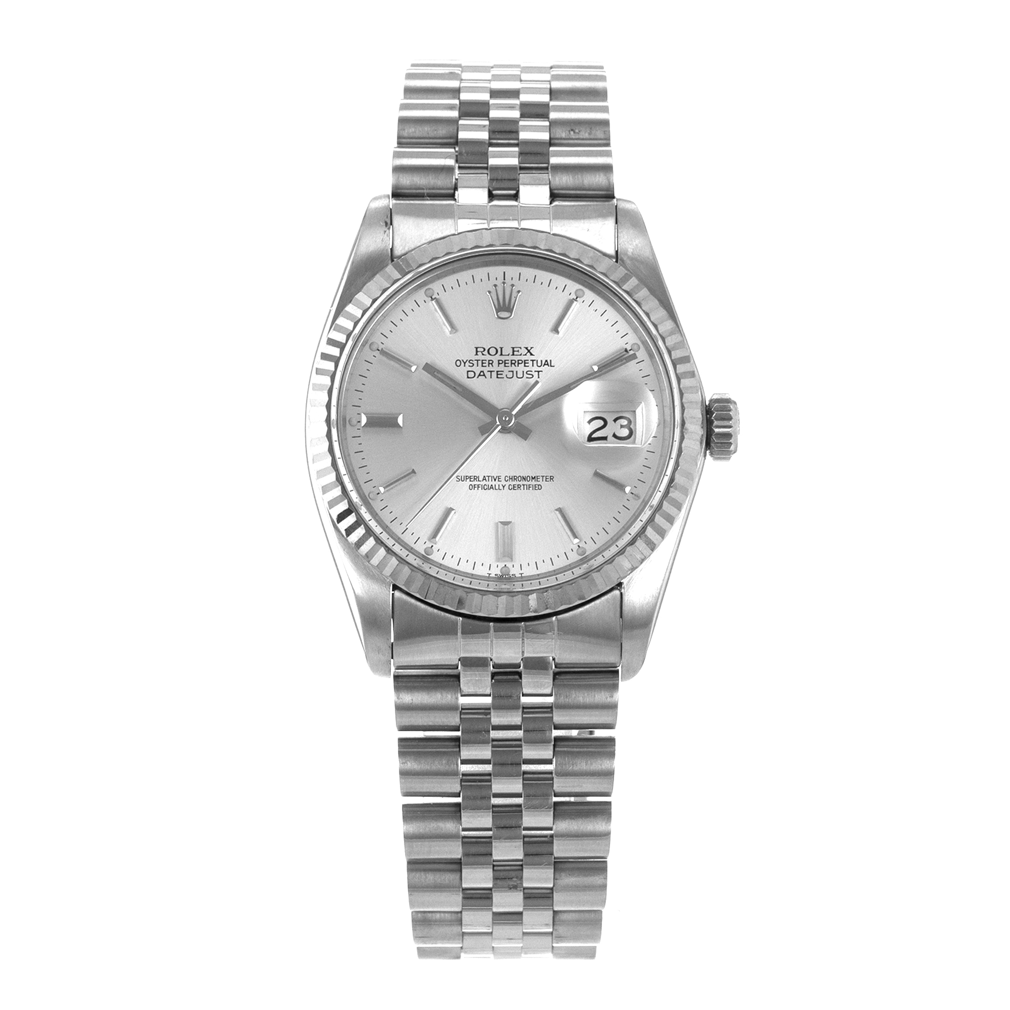 Rolex Datejust 36 16014 Vintage Silver Stick Steel White Gold Jubilee Mens Watch thumbnail 2