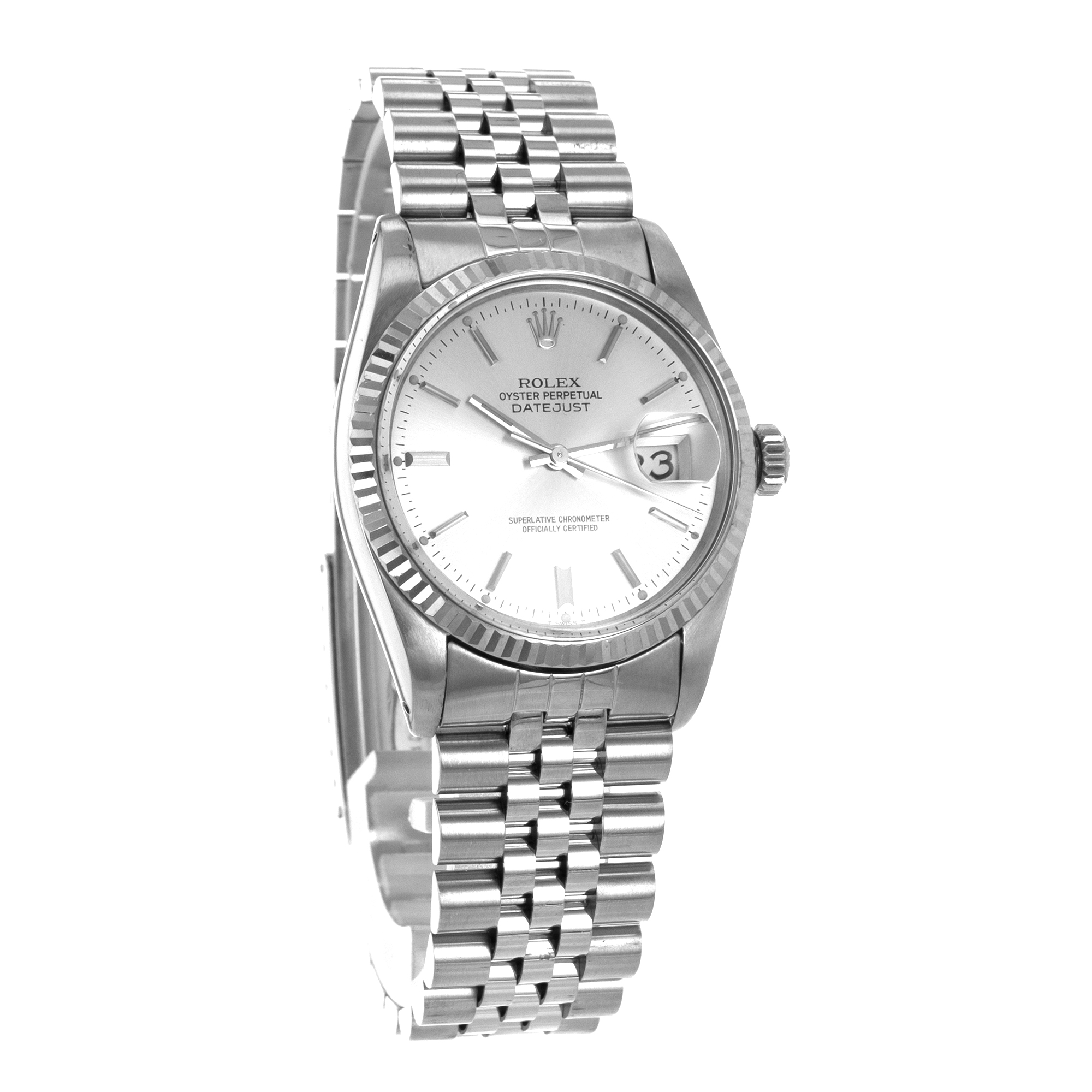 Rolex Datejust 36 16014 Vintage Silver Stick Steel White Gold Jubilee Mens Watch thumbnail 7