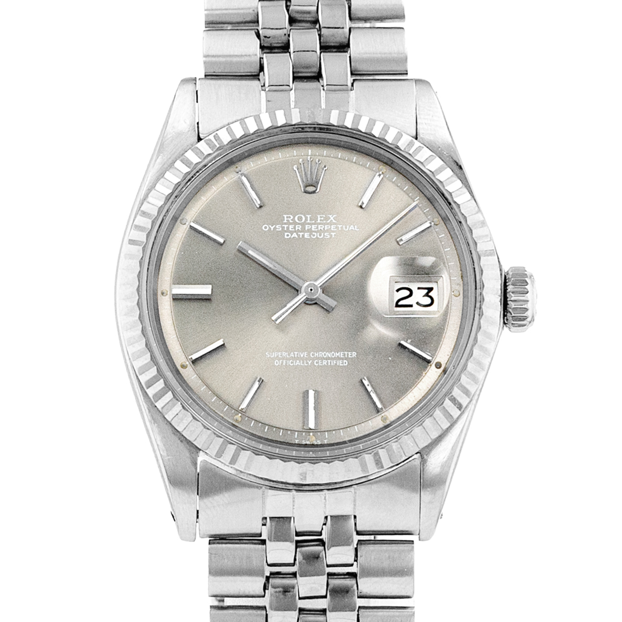 Rolex Datejust 36 1601 Vintage Patina Silver Index Jubilee Steel Mens Watch thumbnail 1