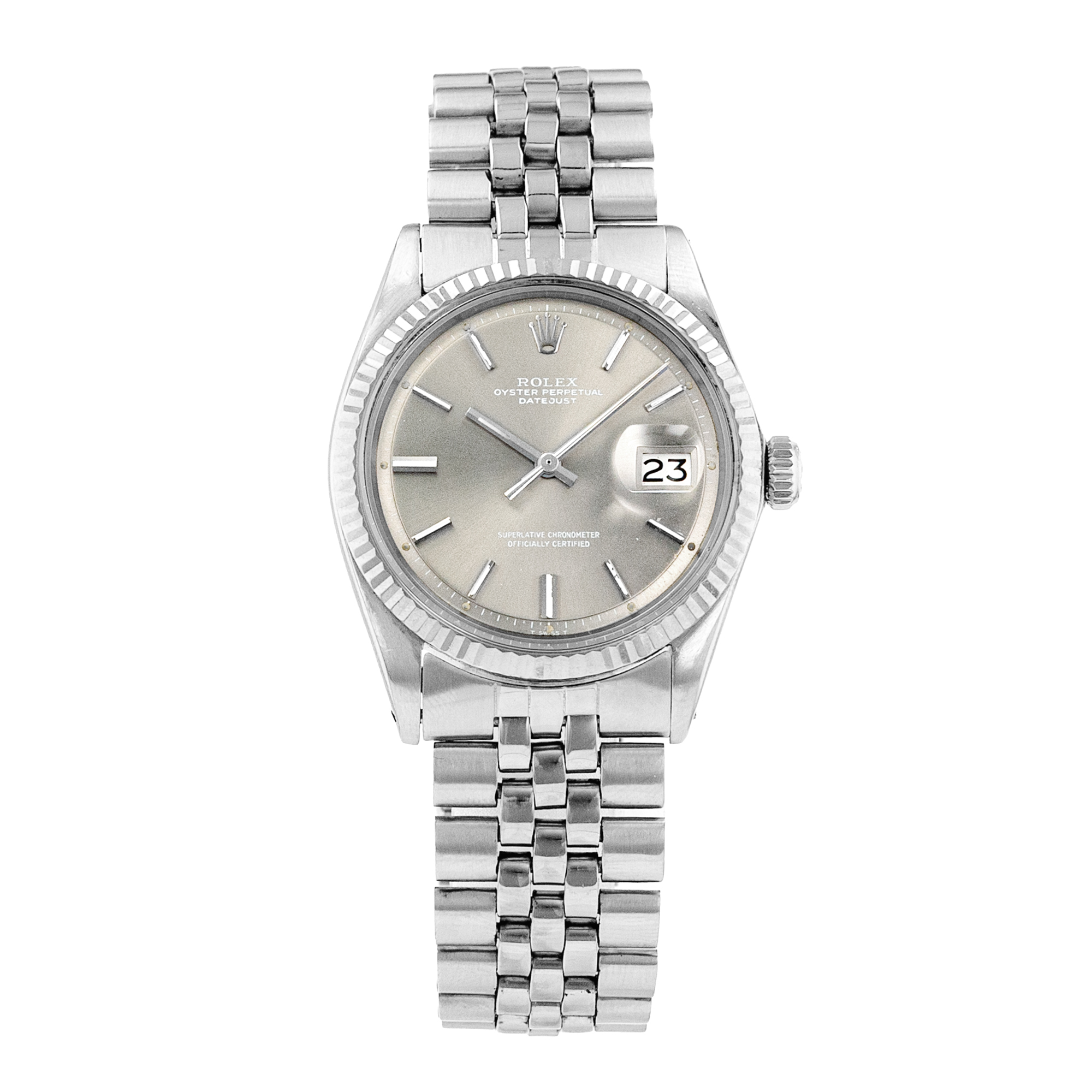 Rolex Datejust 36 1601 Vintage Patina Silver Index Jubilee Steel Mens Watch thumbnail 2