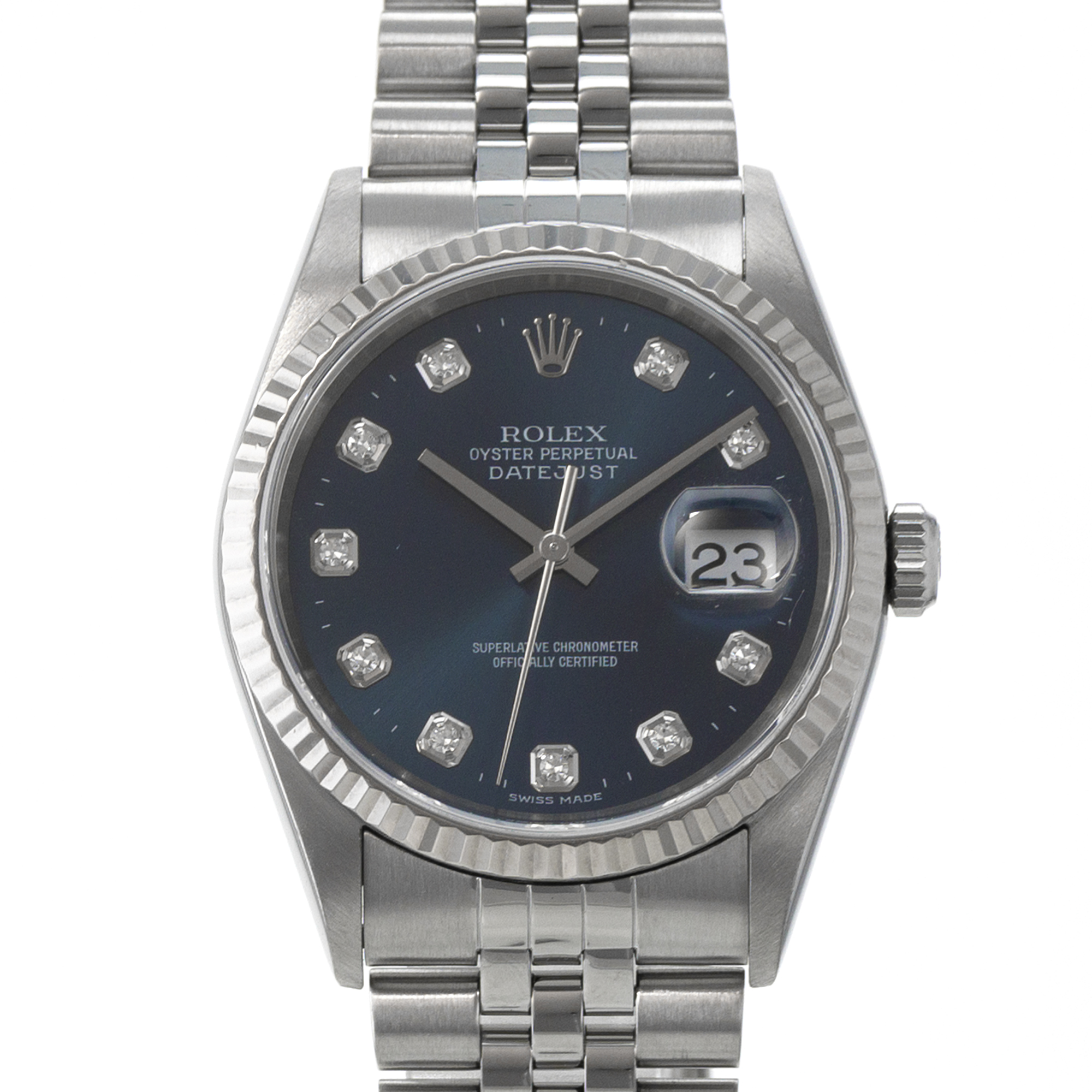 Rolex Datejust 36 16234 Blue Diamond Factory Fluted Steel White Gold Mens Watch thumbnail 1