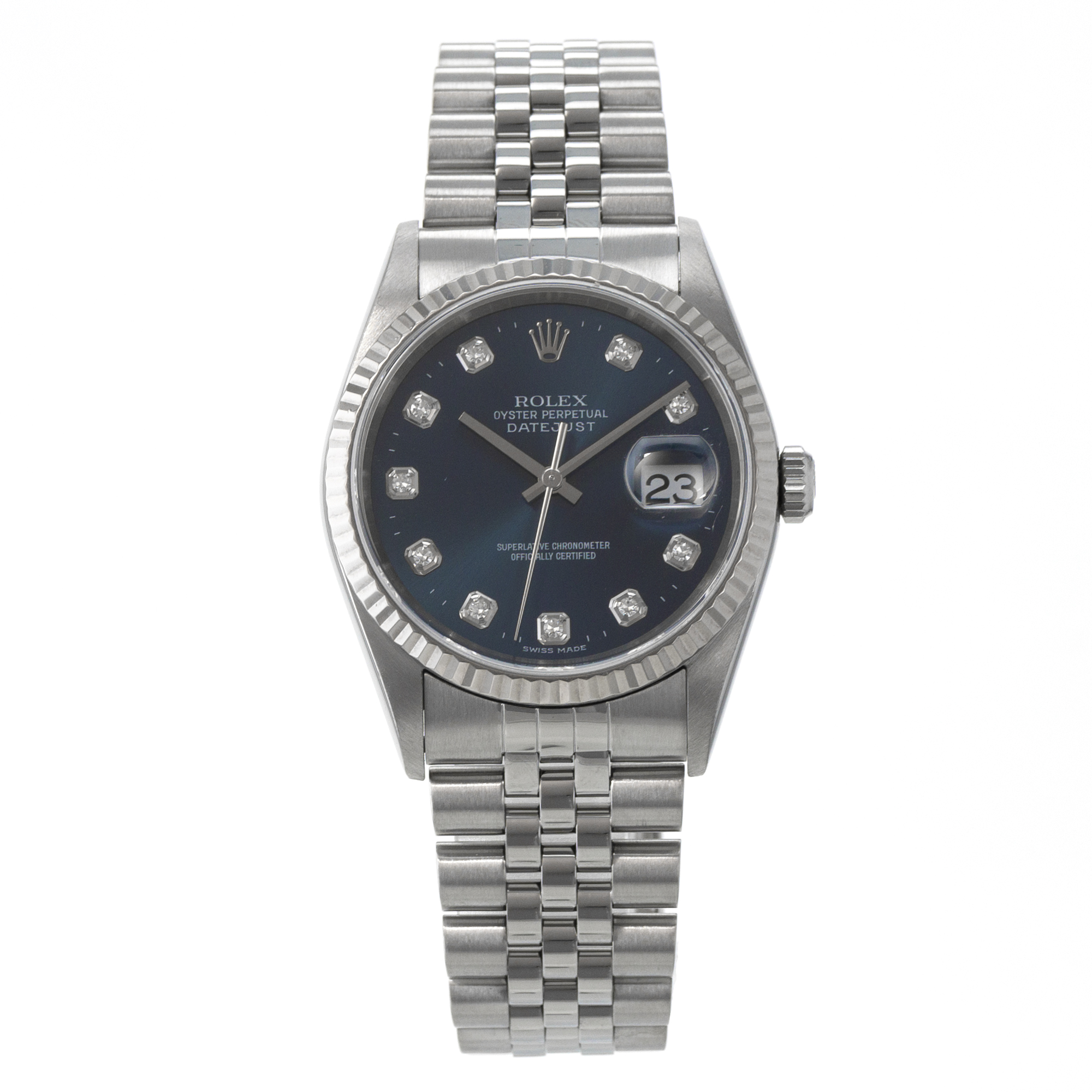Rolex Datejust 36 16234 Blue Diamond Factory Fluted Steel White Gold Mens Watch thumbnail 2