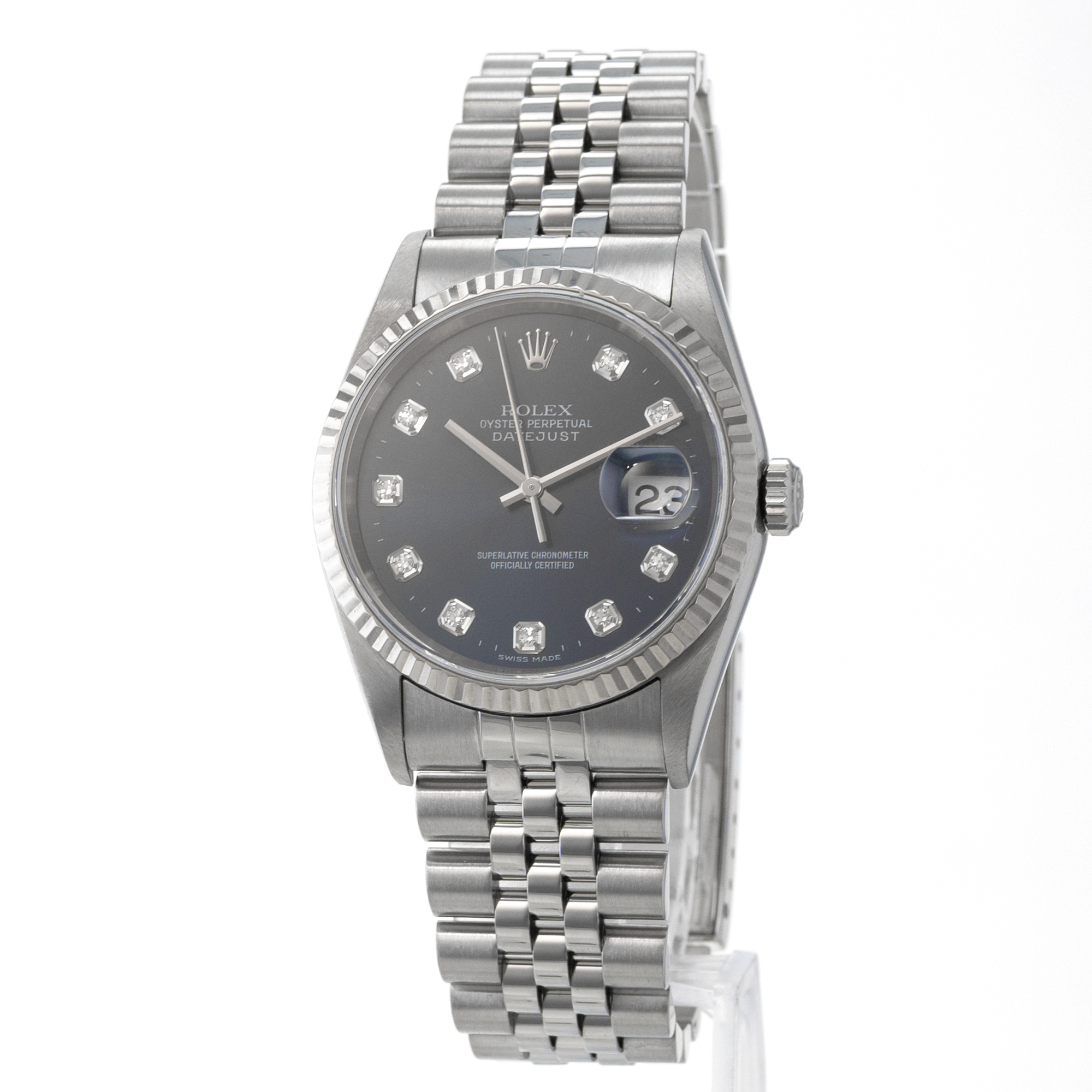 Rolex Datejust 36 16234 Blue Diamond Factory Fluted Steel White Gold Mens Watch thumbnail 4