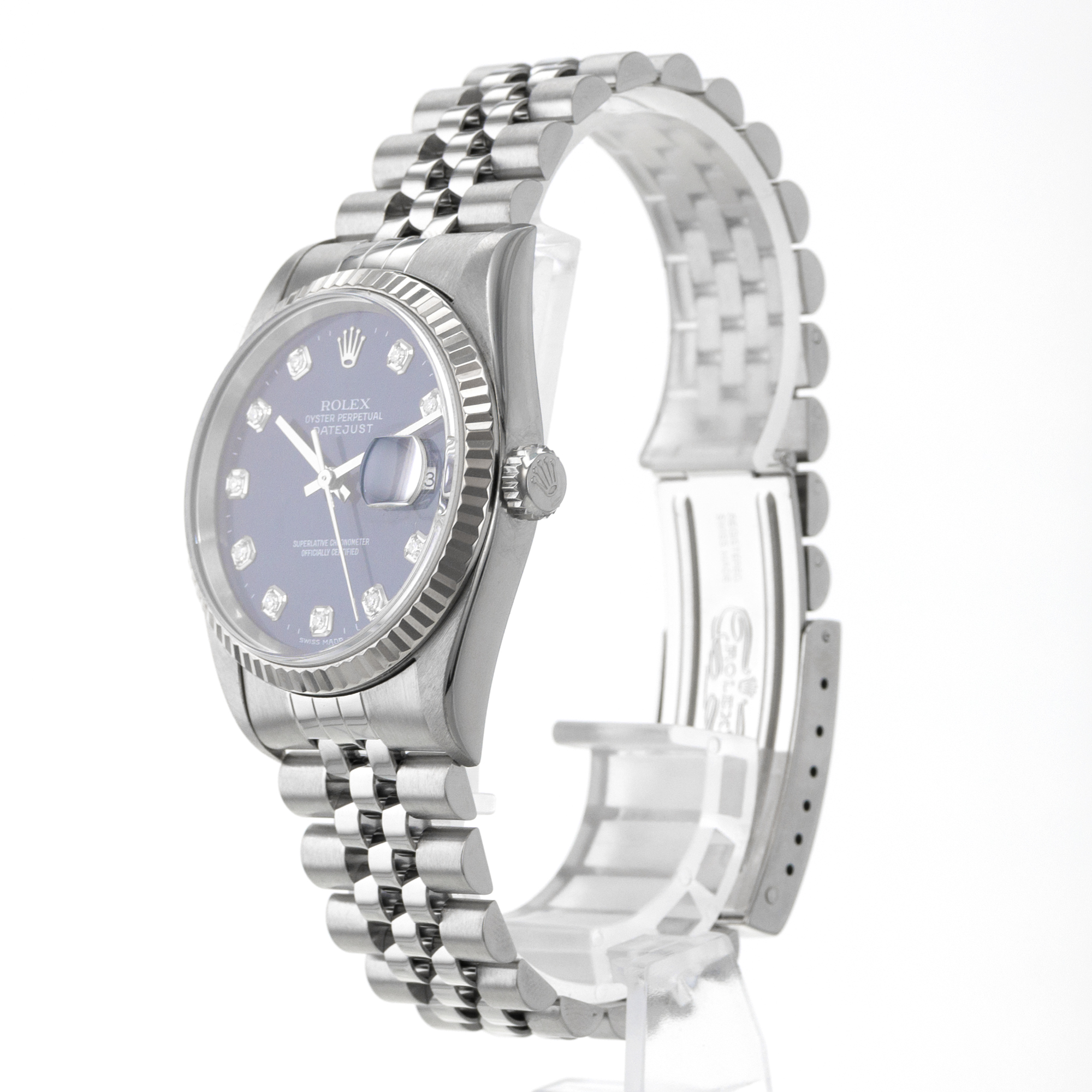 Rolex Datejust 36 16234 Blue Diamond Factory Fluted Steel White Gold Mens Watch thumbnail 5