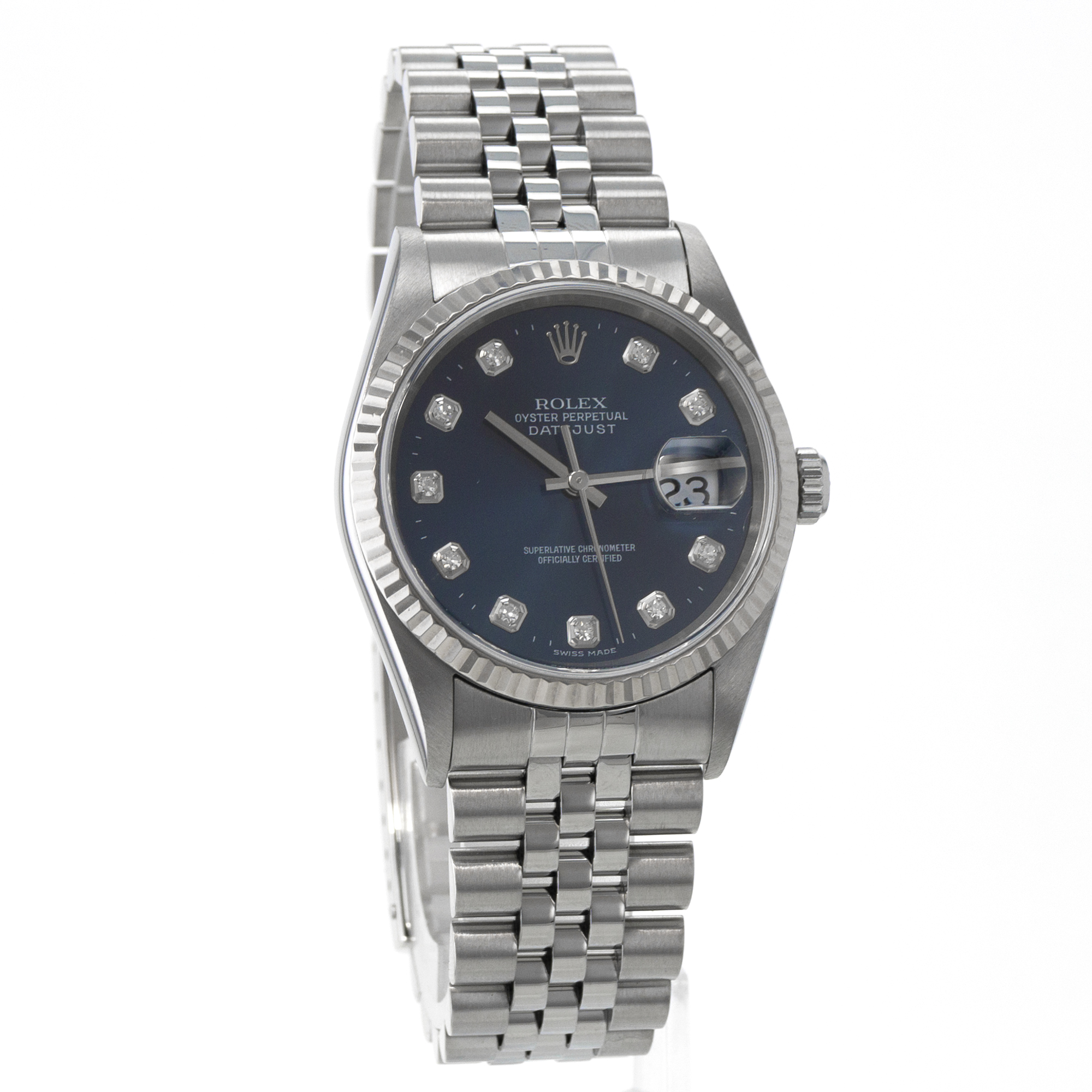 Rolex Datejust 36 16234 Blue Diamond Factory Fluted Steel White Gold Mens Watch thumbnail 9