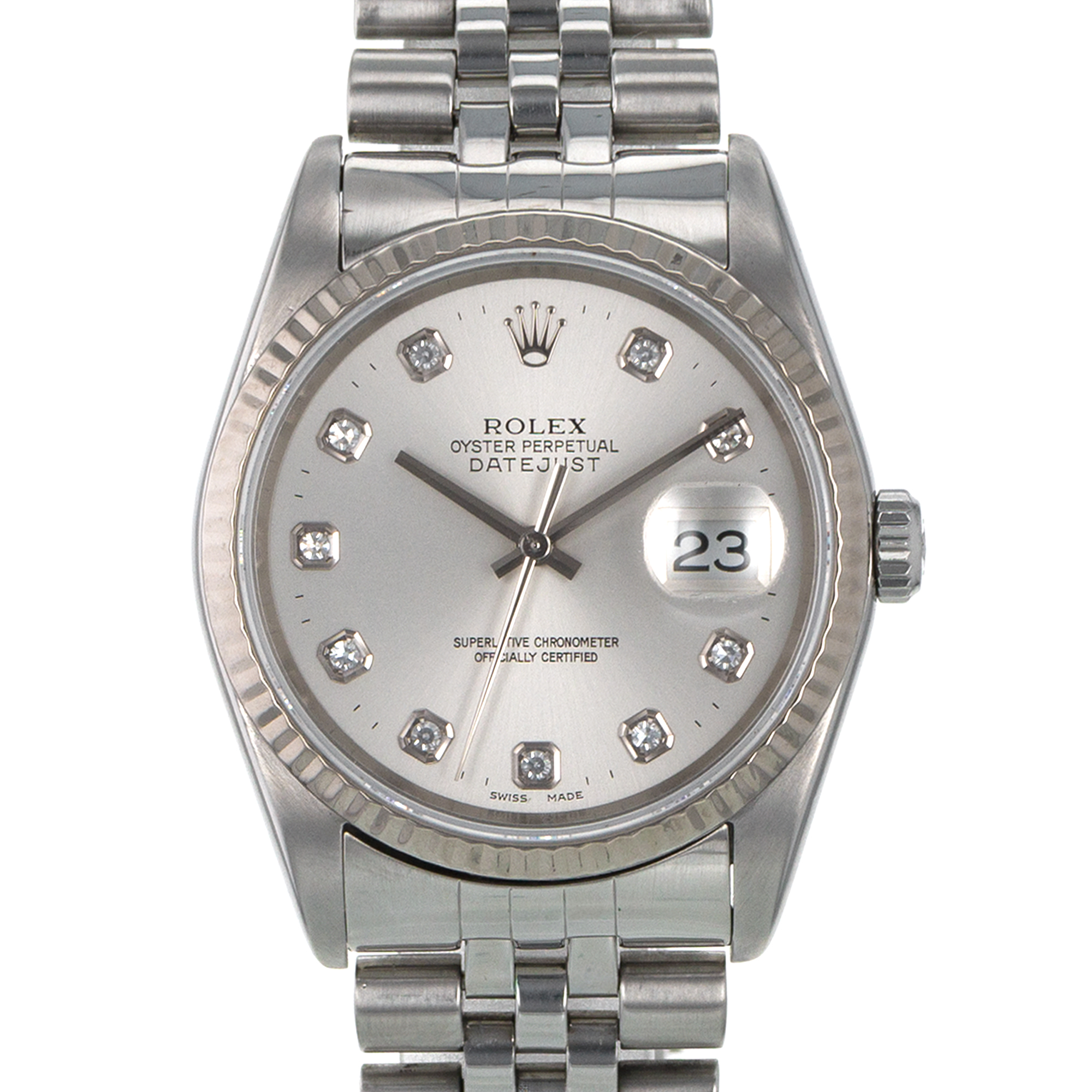 Rolex Datejust 36 16234 Factory Silver Diamond Dial Fluted White Gold Mens Watch thumbnail 1