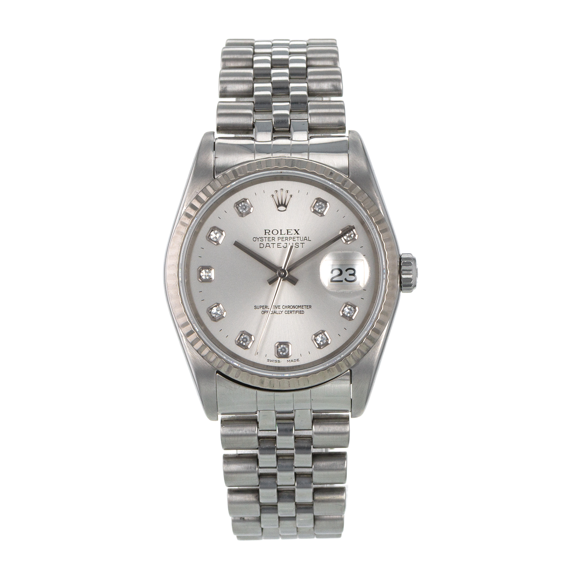 Rolex Datejust 36 16234 Factory Silver Diamond Dial Fluted White Gold Mens Watch thumbnail 2