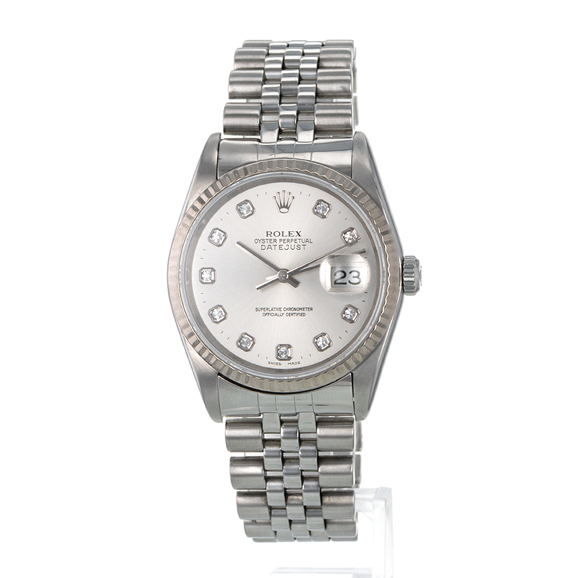 Rolex Datejust 36 16234 Factory Silver Diamond Dial Fluted White Gold Mens Watch thumbnail 3