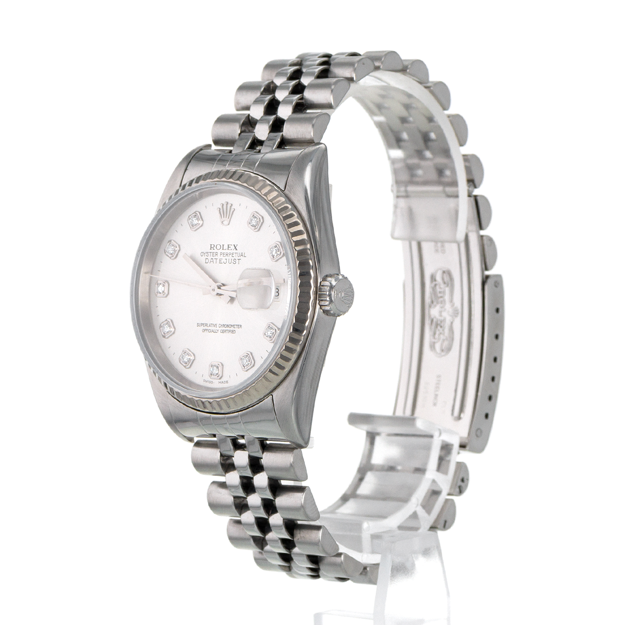 Rolex Datejust 36 16234 Factory Silver Diamond Dial Fluted White Gold Mens Watch thumbnail 4