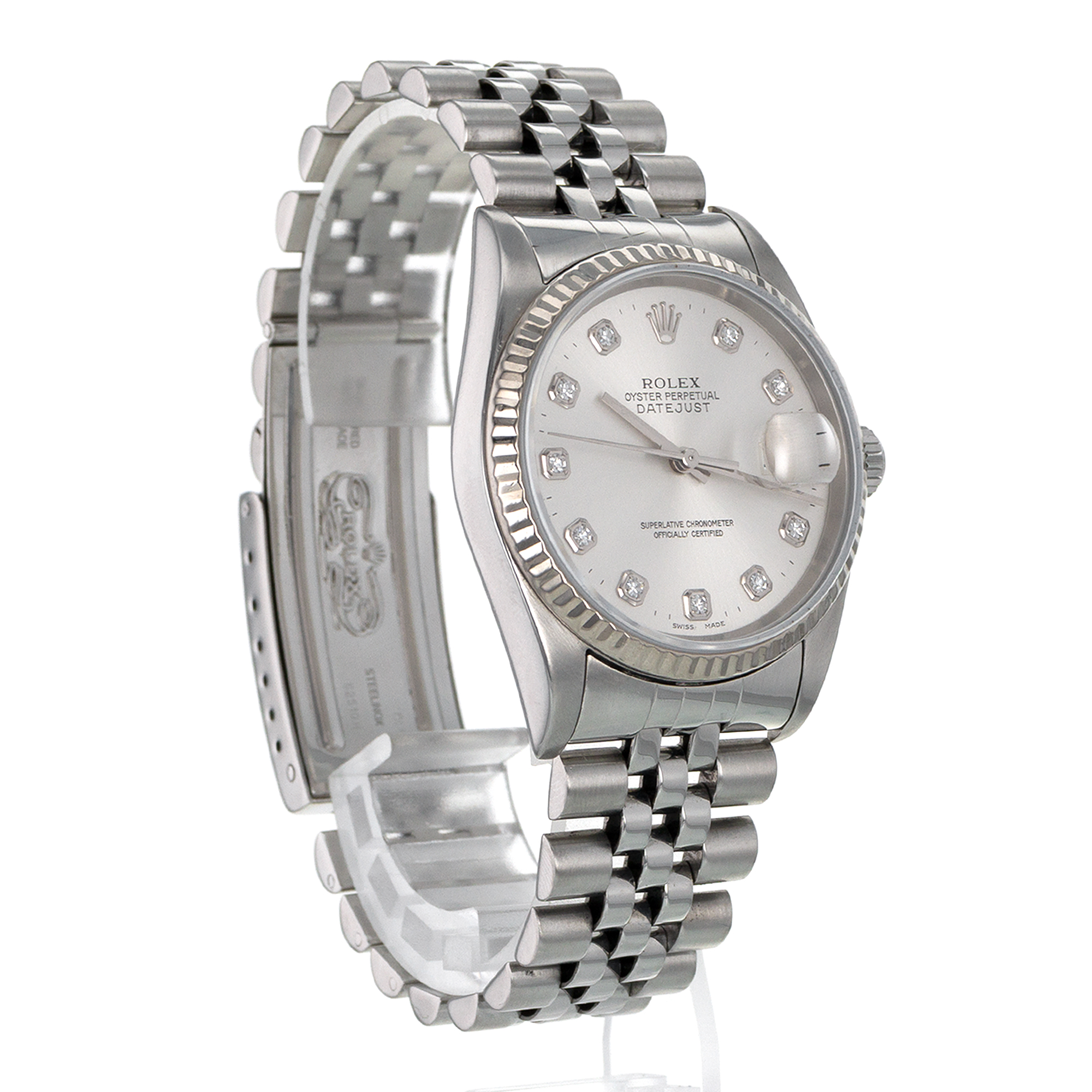 Rolex Datejust 36 16234 Factory Silver Diamond Dial Fluted White Gold Mens Watch thumbnail 7