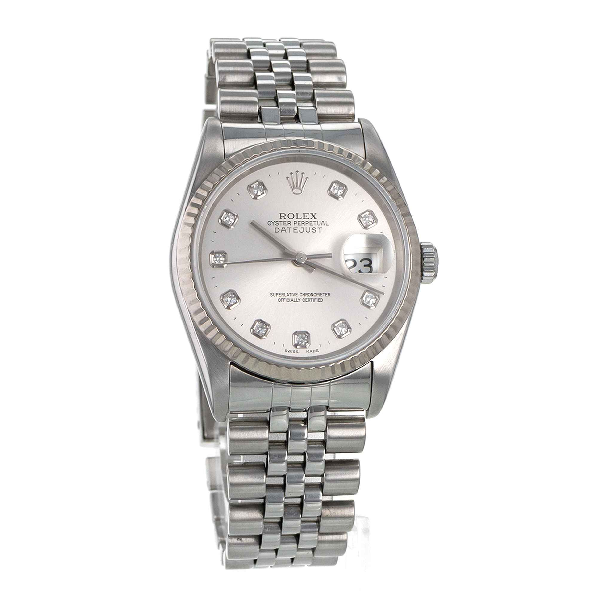 Rolex Datejust 36 16234 Factory Silver Diamond Dial Fluted White Gold Mens Watch thumbnail 8