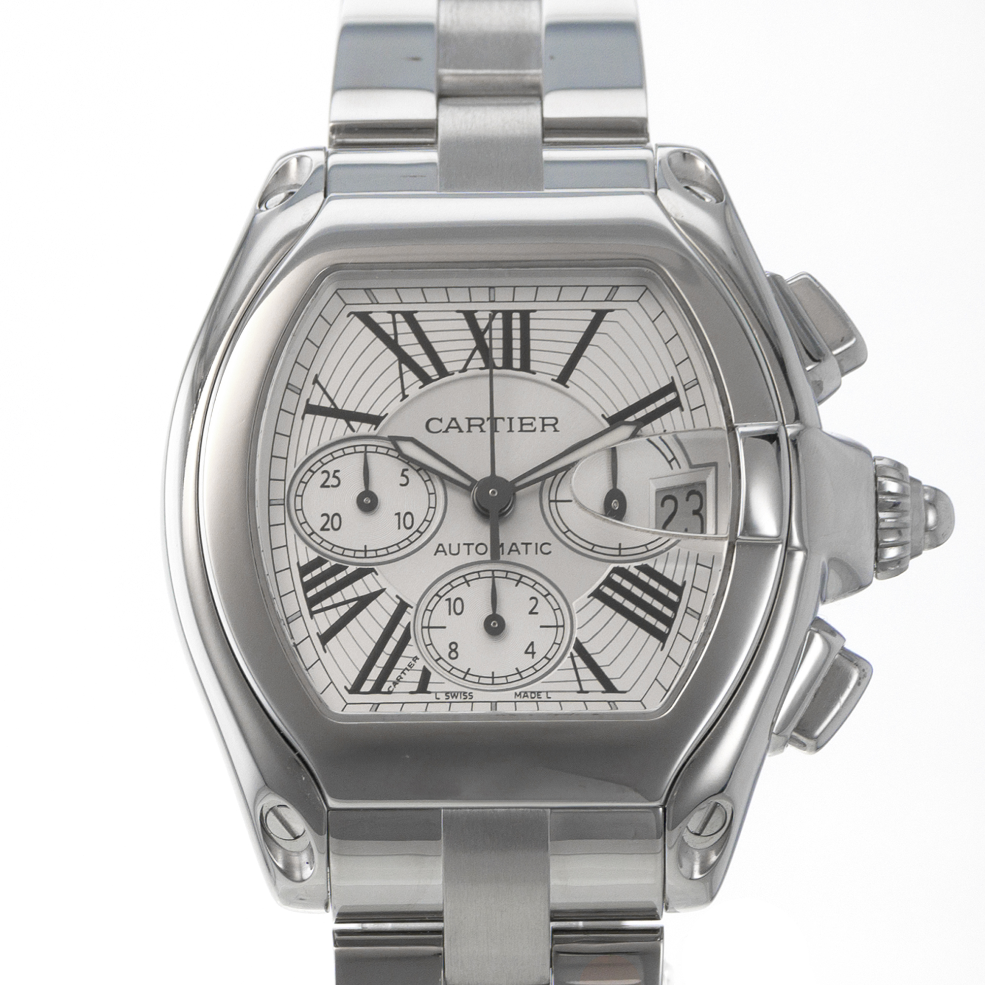 Cartier Roadster W62019X6 2618 Chronograph Silver Roman Mens Watch thumbnail 1