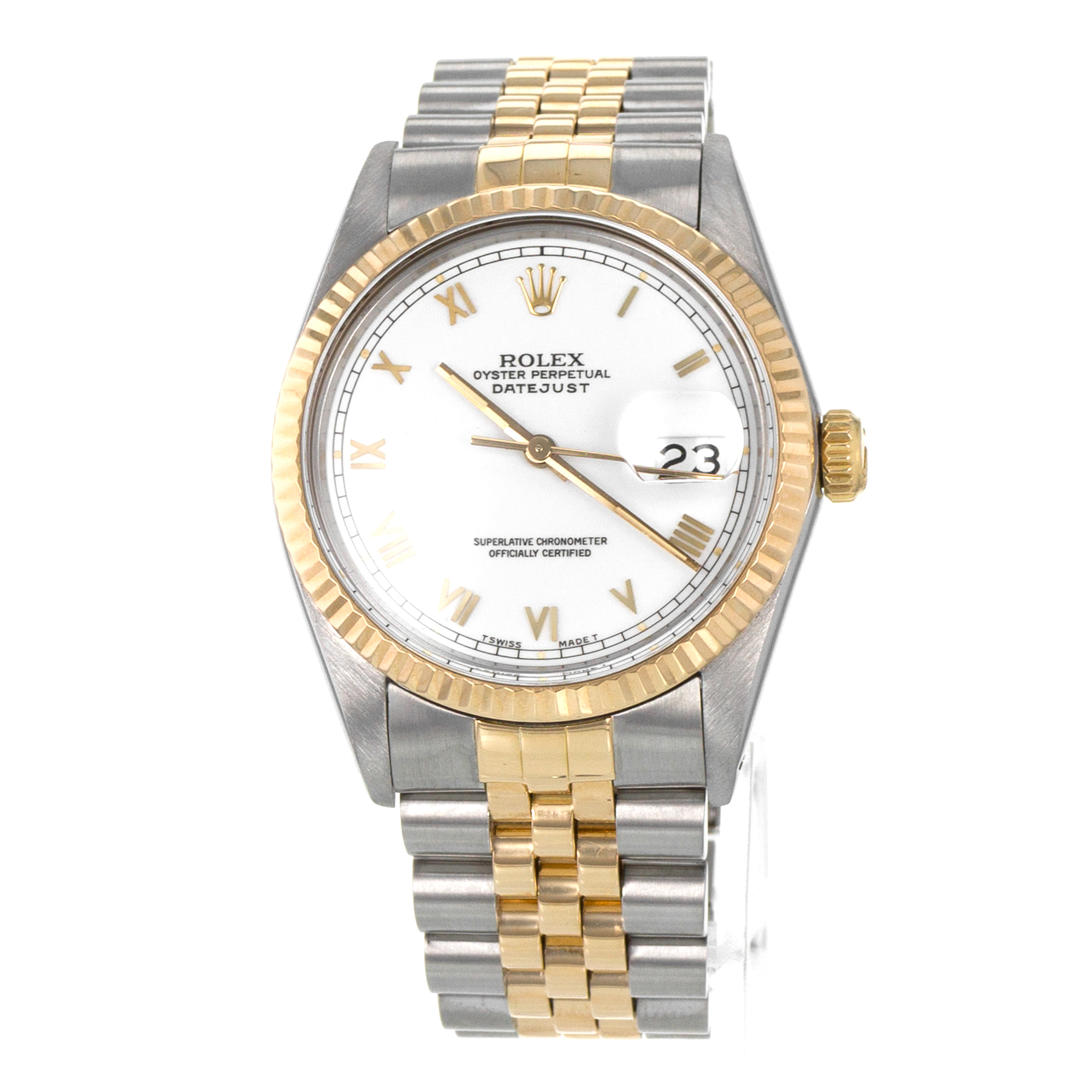 Rolex Datejust 36 16013 White Roman Steel 18k Yellow Gold Jubilee Mens Watch thumbnail 3