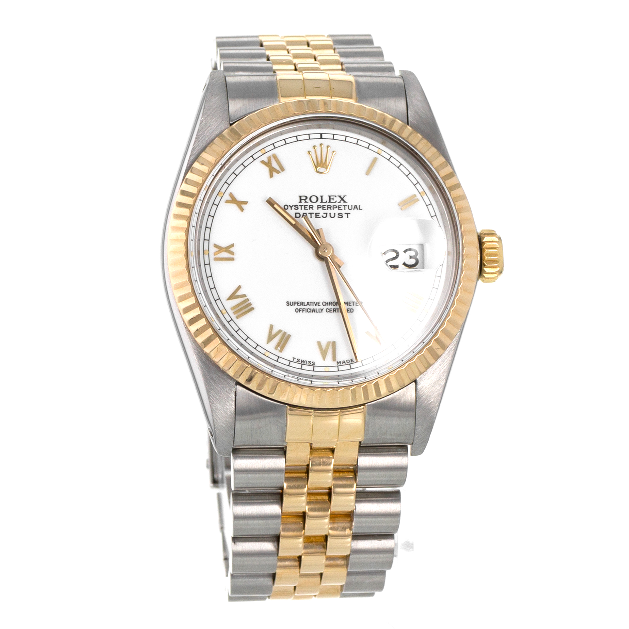 Rolex Datejust 36 16013 White Roman Steel 18k Yellow Gold Jubilee Mens Watch thumbnail 8