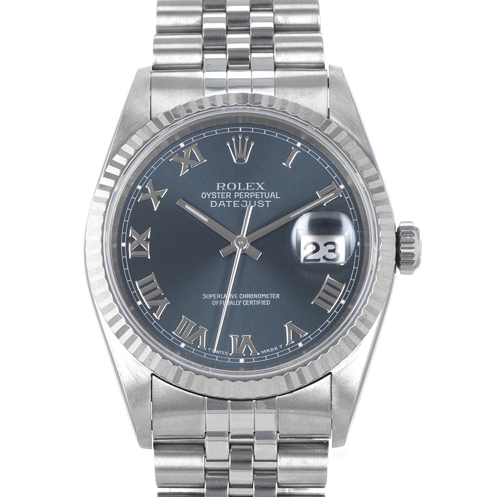Rolex Datejust 36 16234 Blue Roman Fluted White Gold Jubilee Mens Watch thumbnail 1