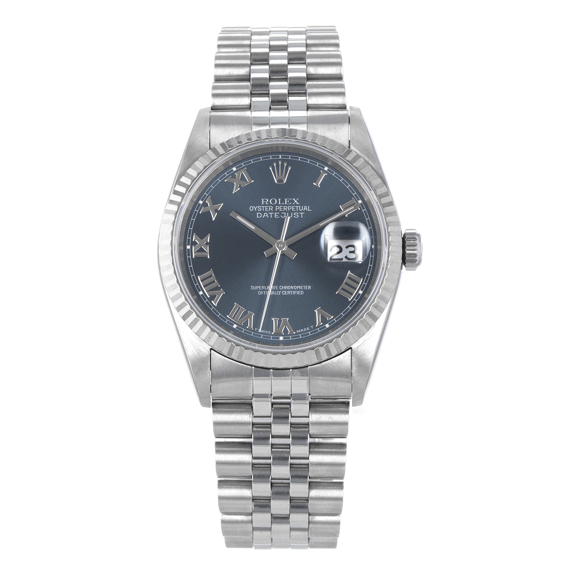 Rolex Datejust 36 16234 Blue Roman Fluted White Gold Jubilee Mens Watch thumbnail 2