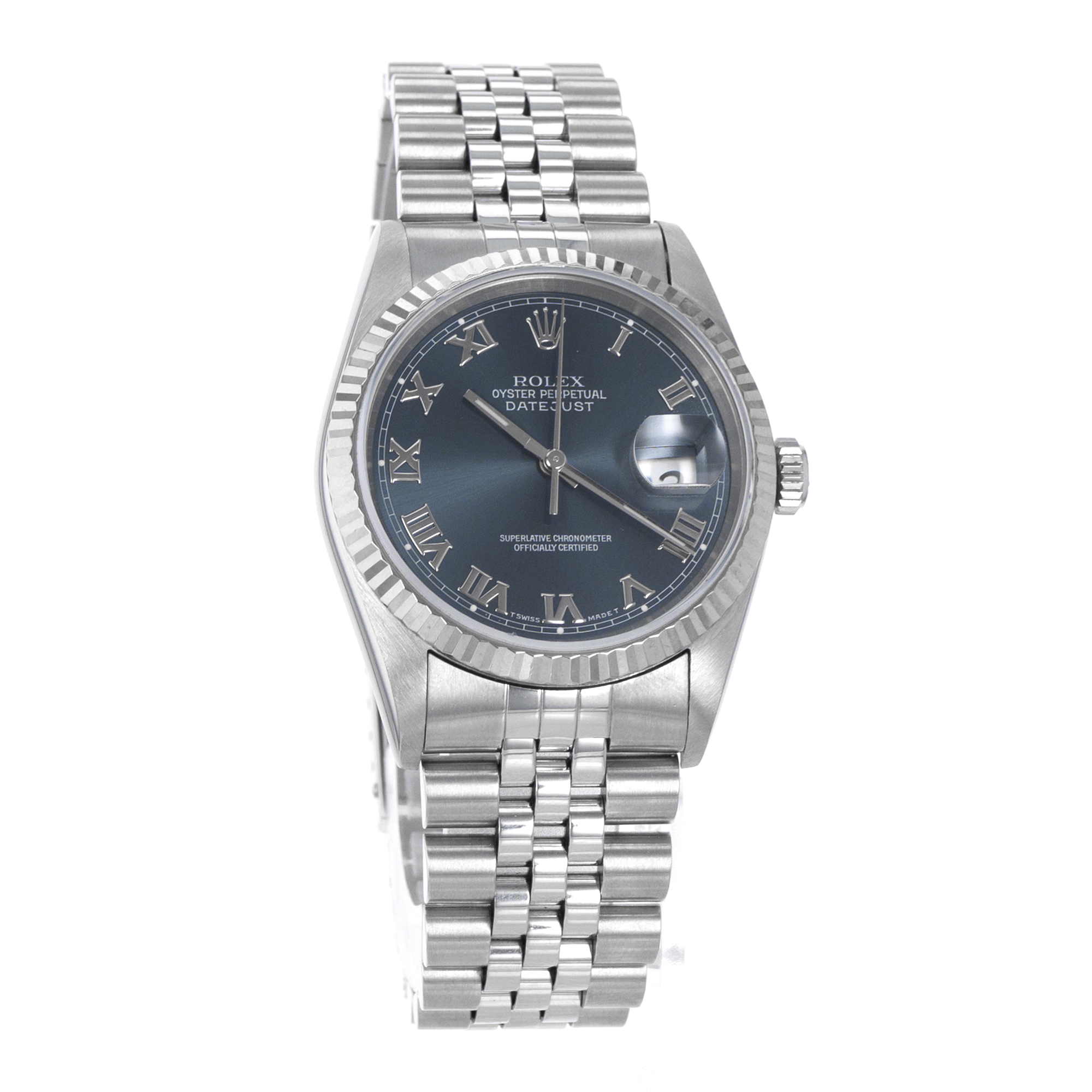 Rolex Datejust 36 16234 Blue Roman Fluted White Gold Jubilee Mens Watch thumbnail 8