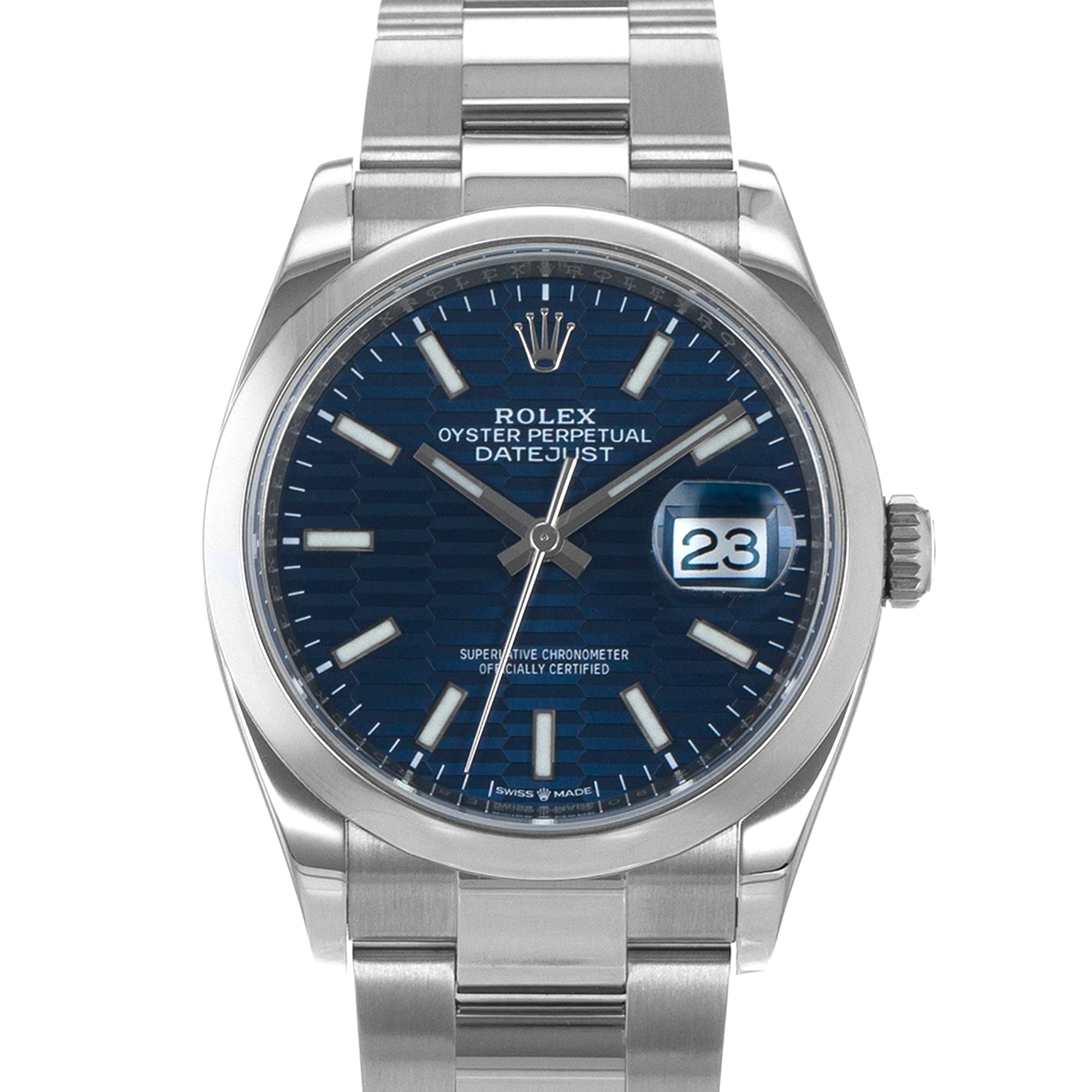 Rolex Datejust 36 126200 Blue Motif Fluted Steel Smooth Oyster Mens Watch 2023 thumbnail 1