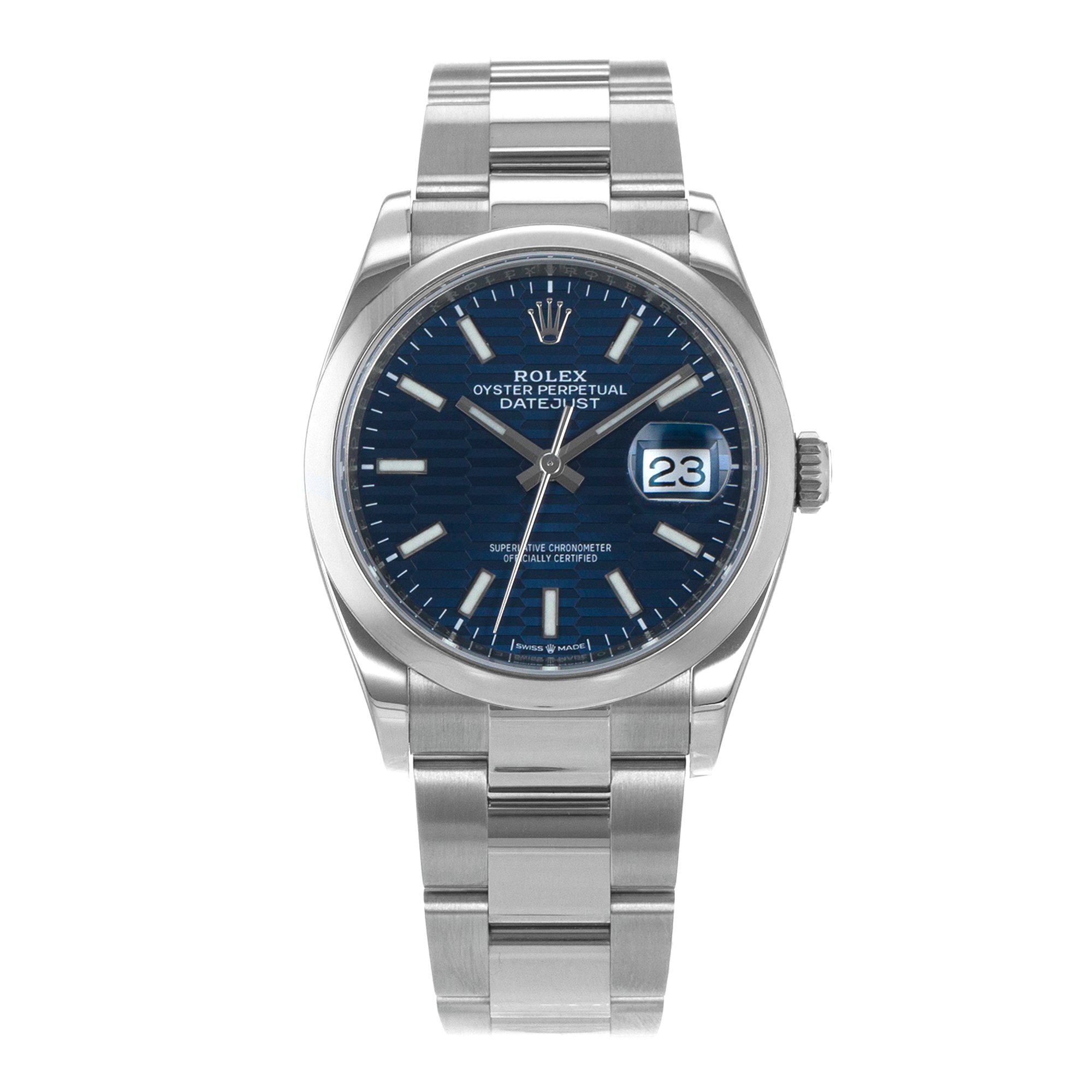 Rolex Datejust 36 126200 Blue Motif Fluted Steel Smooth Oyster Mens Watch 2023 thumbnail 2