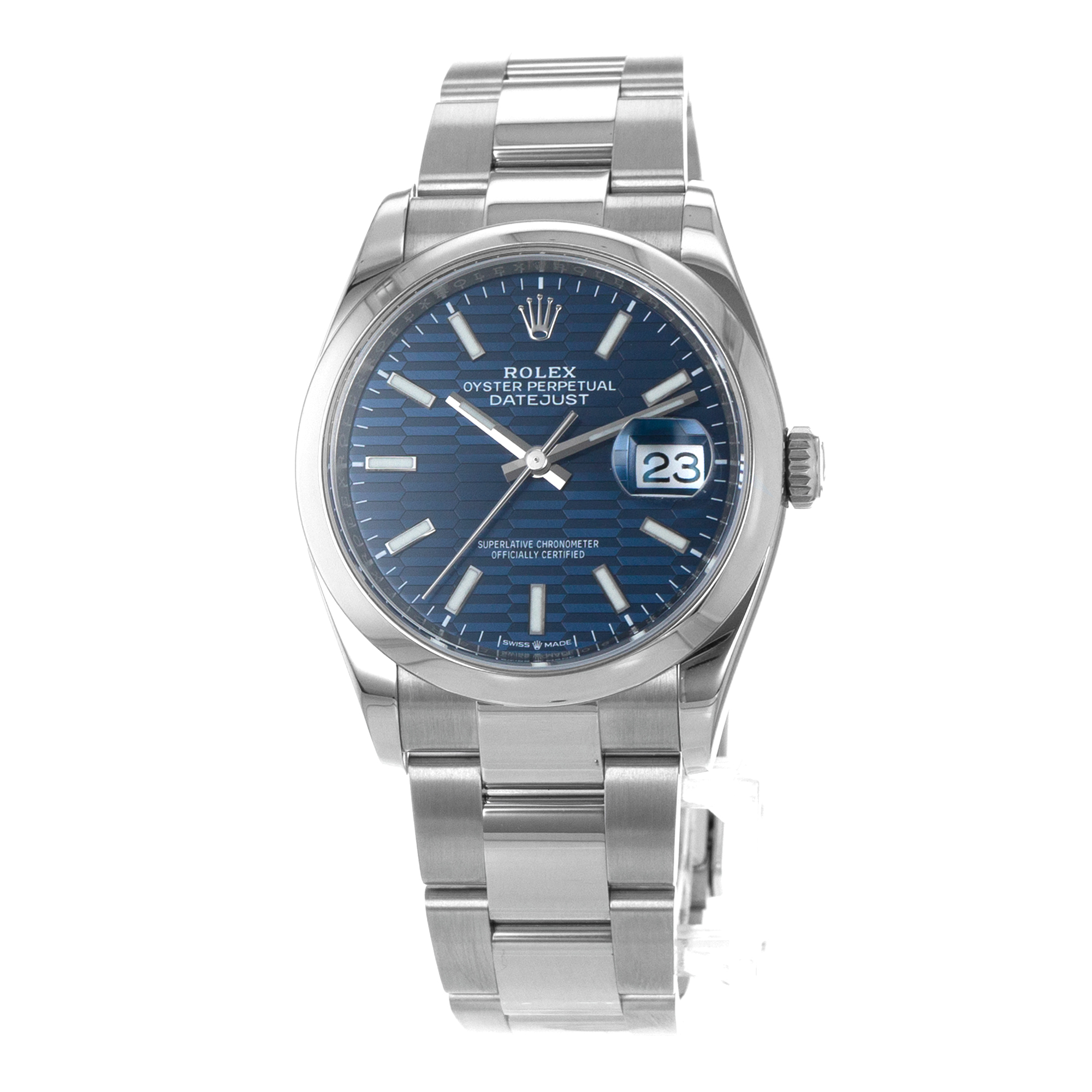 Rolex Datejust 36 126200 Blue Motif Fluted Steel Smooth Oyster Mens Watch 2023 thumbnail 4