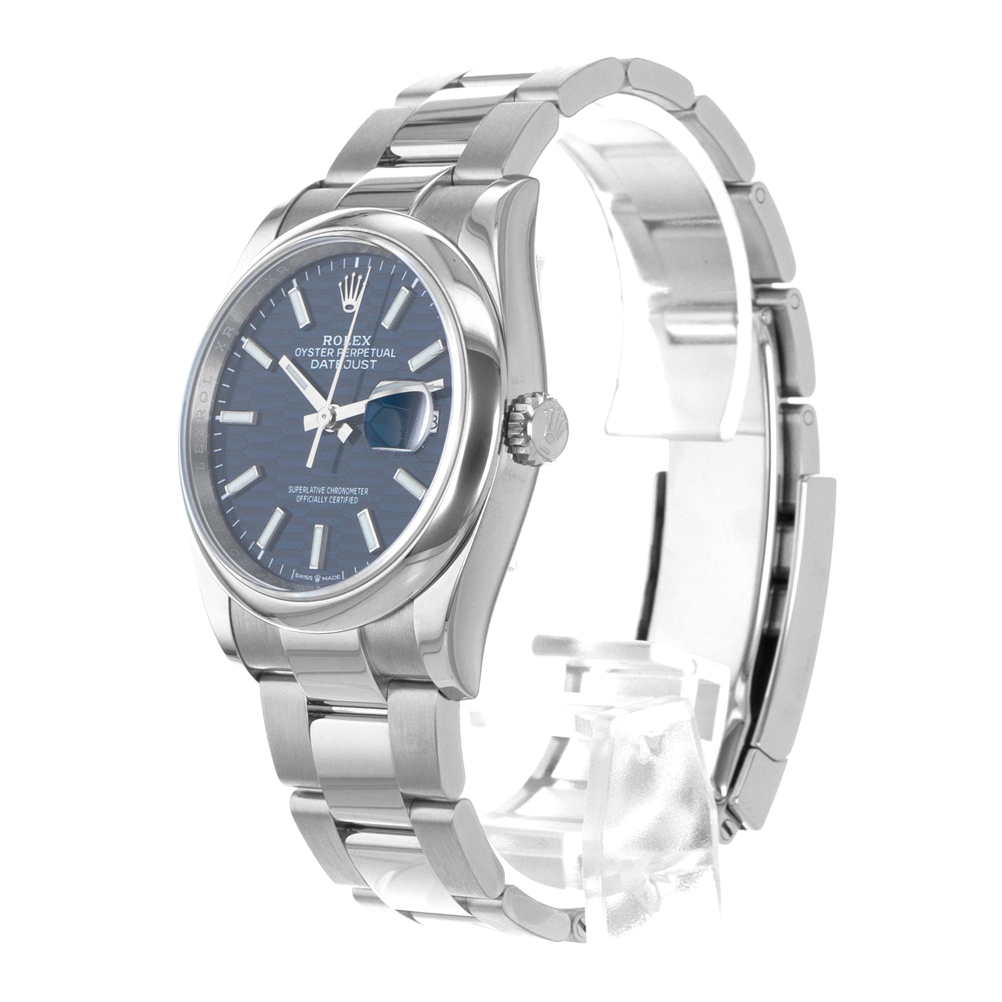 Rolex Datejust 36 126200 Blue Motif Fluted Steel Smooth Oyster Mens Watch 2023 thumbnail 5
