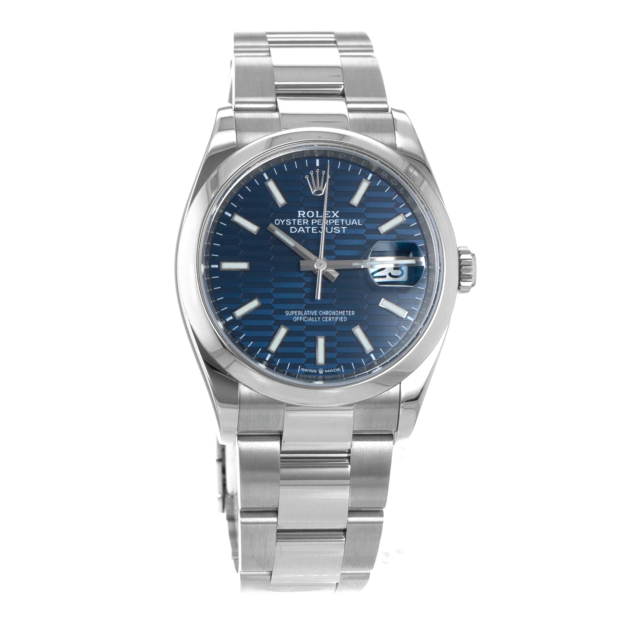 Rolex Datejust 36 126200 Blue Motif Fluted Steel Smooth Oyster Mens Watch 2023 thumbnail 9