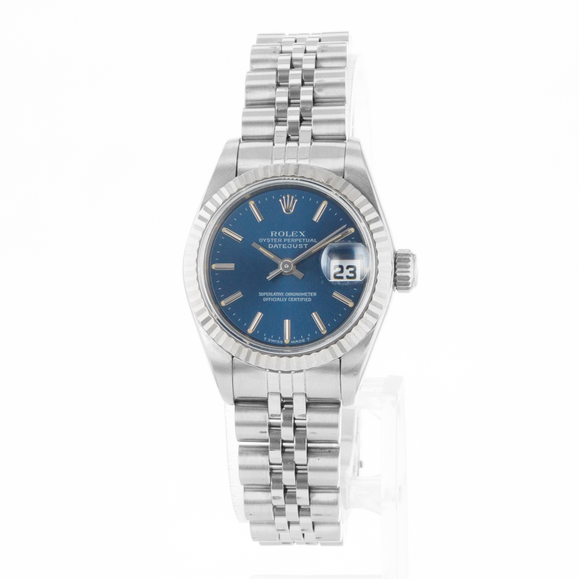 Rolex Datejust 26 69174 Blue Stick Steel 18k White Gold Jubilee Ladies Watch thumbnail 3