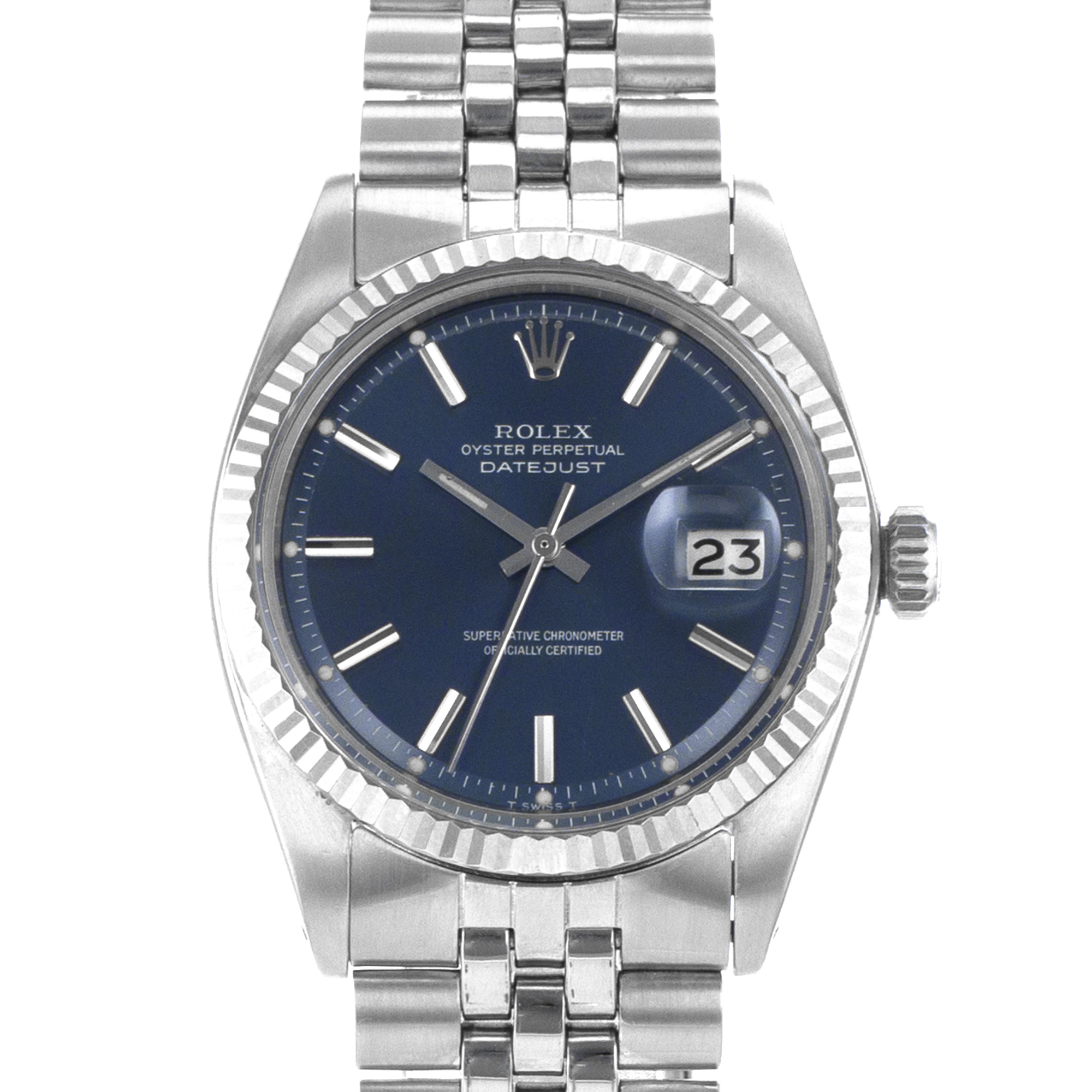 Rolex Datejust 36 1601 Blue Stick Vintage Steel White Gold Jubilee Mens Watch thumbnail 1
