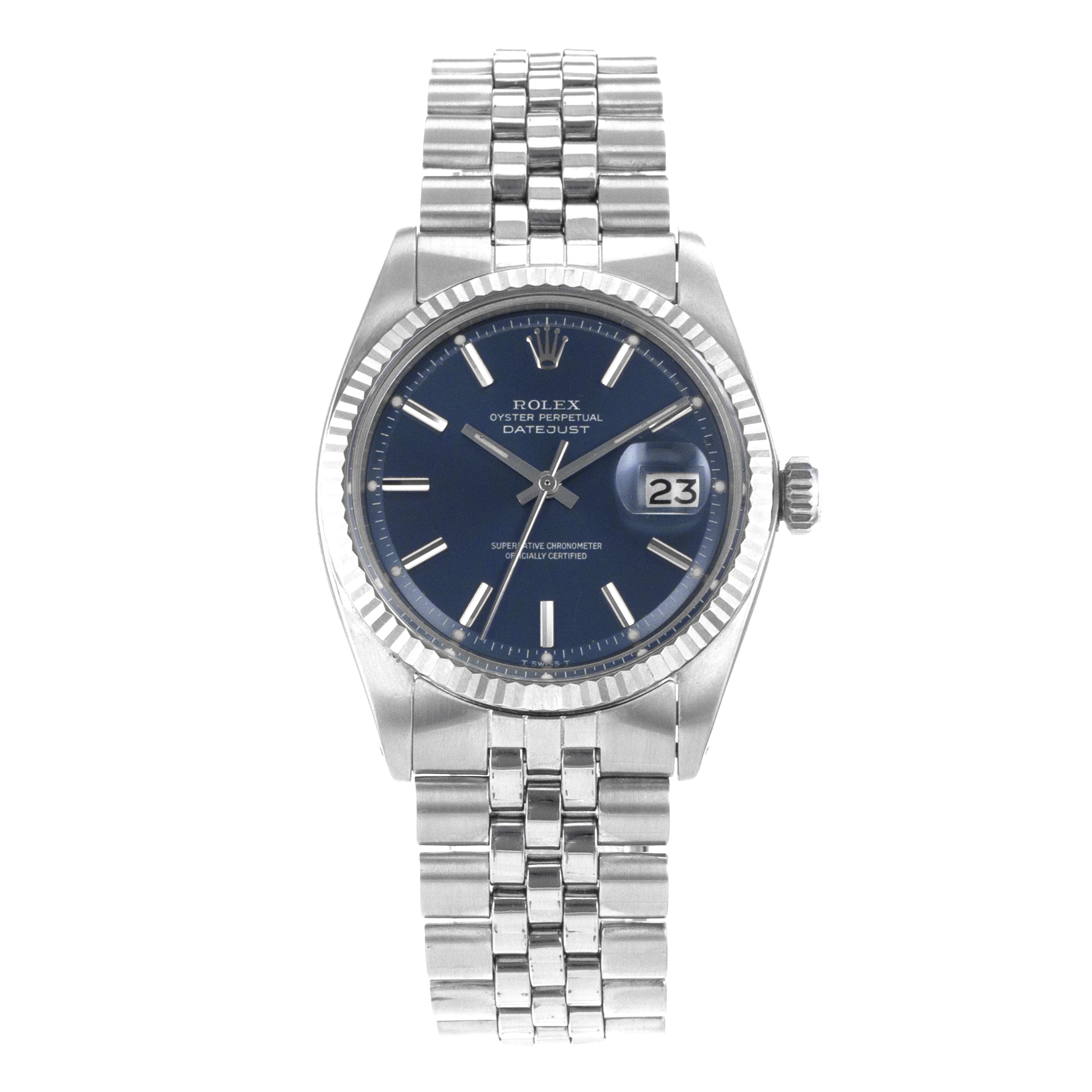 Rolex Datejust 36 1601 Blue Stick Vintage Steel White Gold Jubilee Mens Watch thumbnail 2