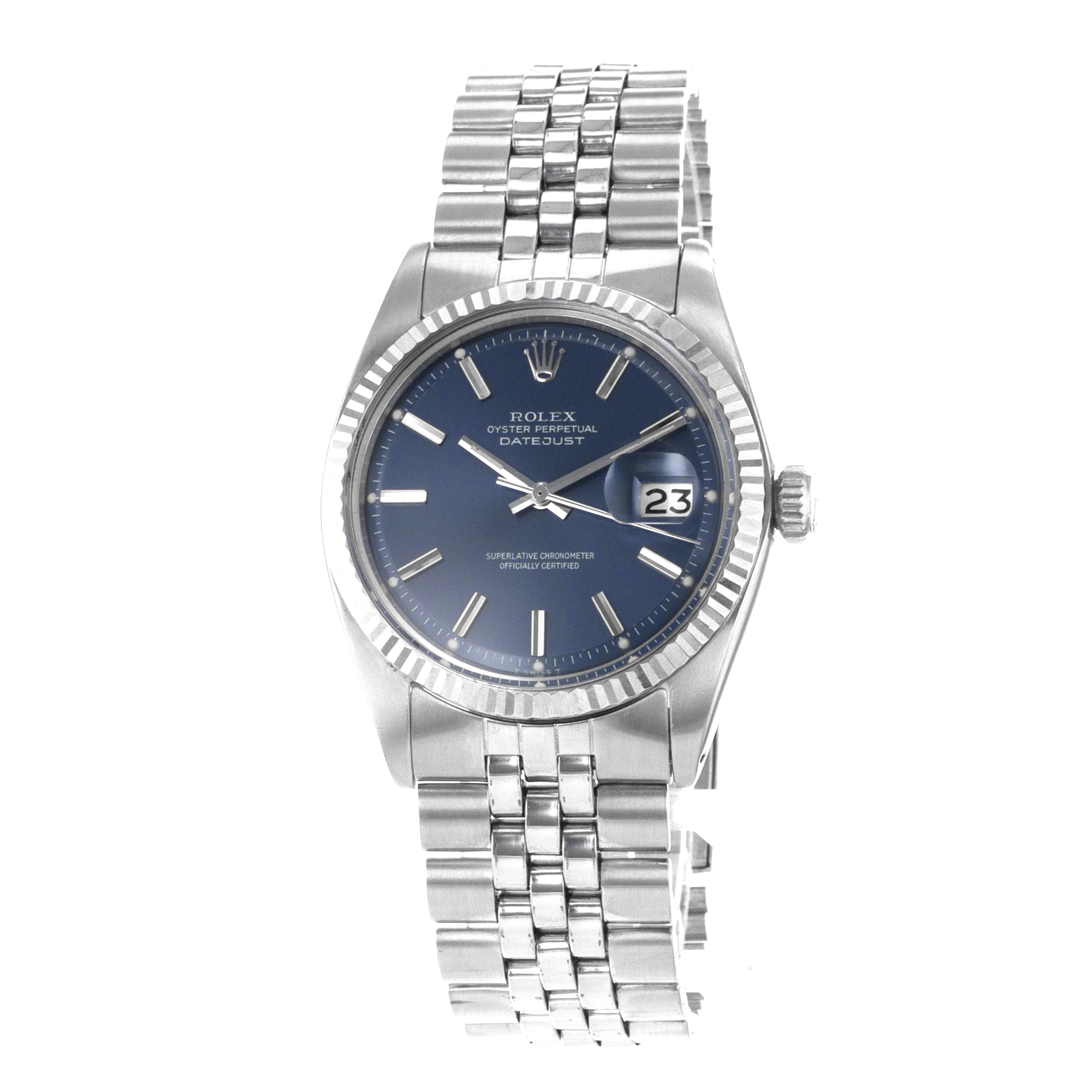 Rolex Datejust 36 1601 Blue Stick Vintage Steel White Gold Jubilee Mens Watch thumbnail 3