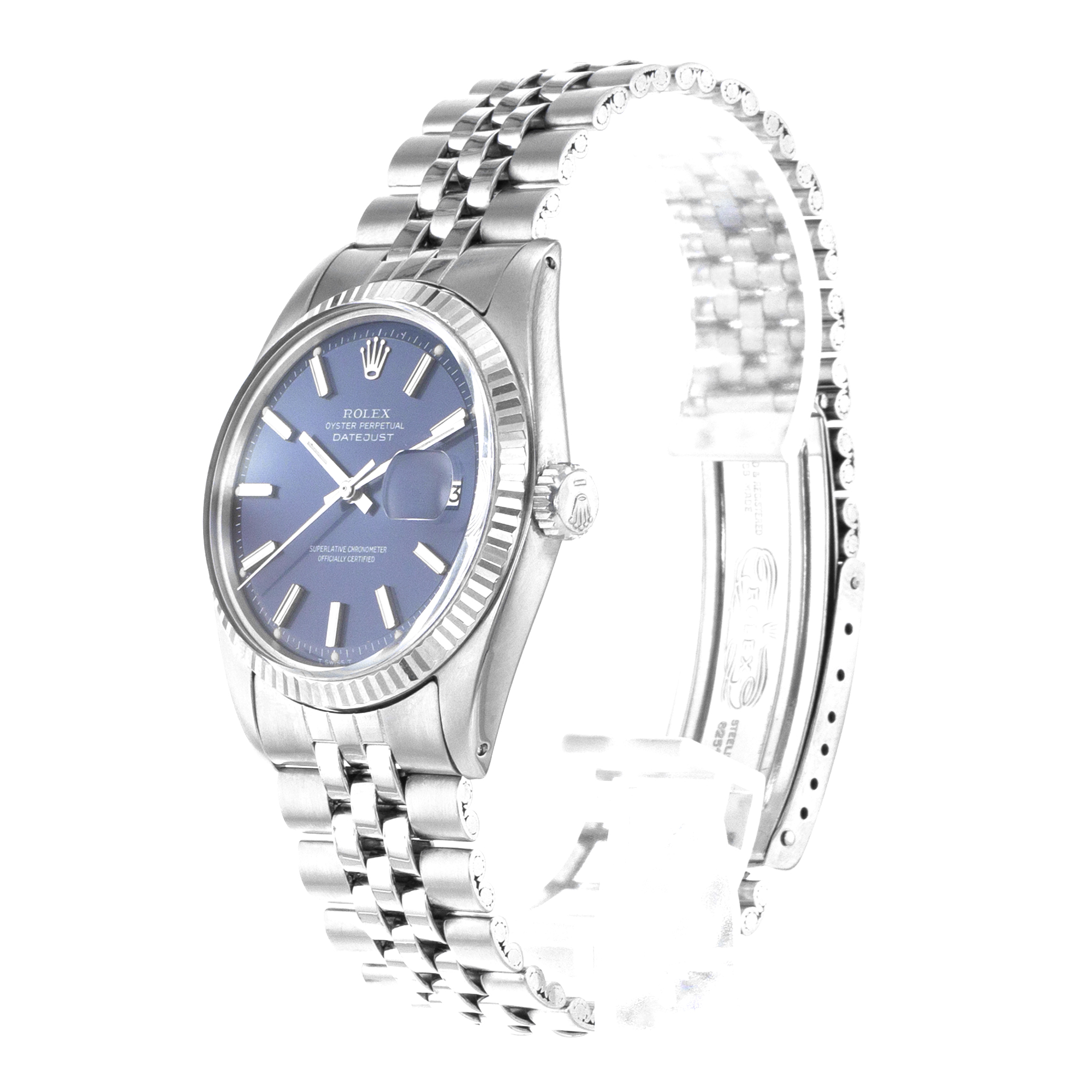 Rolex Datejust 36 1601 Blue Stick Vintage Steel White Gold Jubilee Mens Watch thumbnail 4