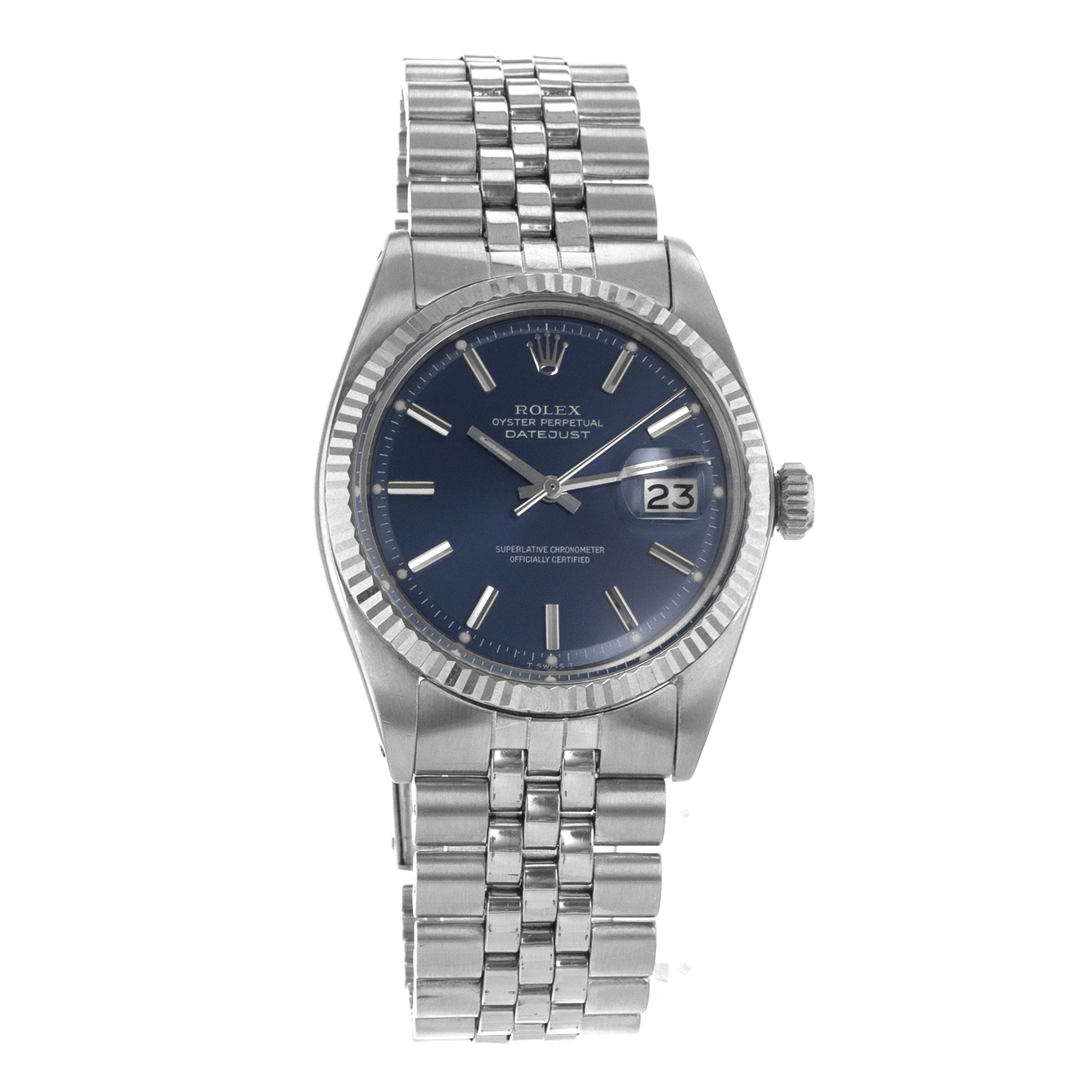 Rolex Datejust 36 1601 Blue Stick Vintage Steel White Gold Jubilee Mens Watch thumbnail 8