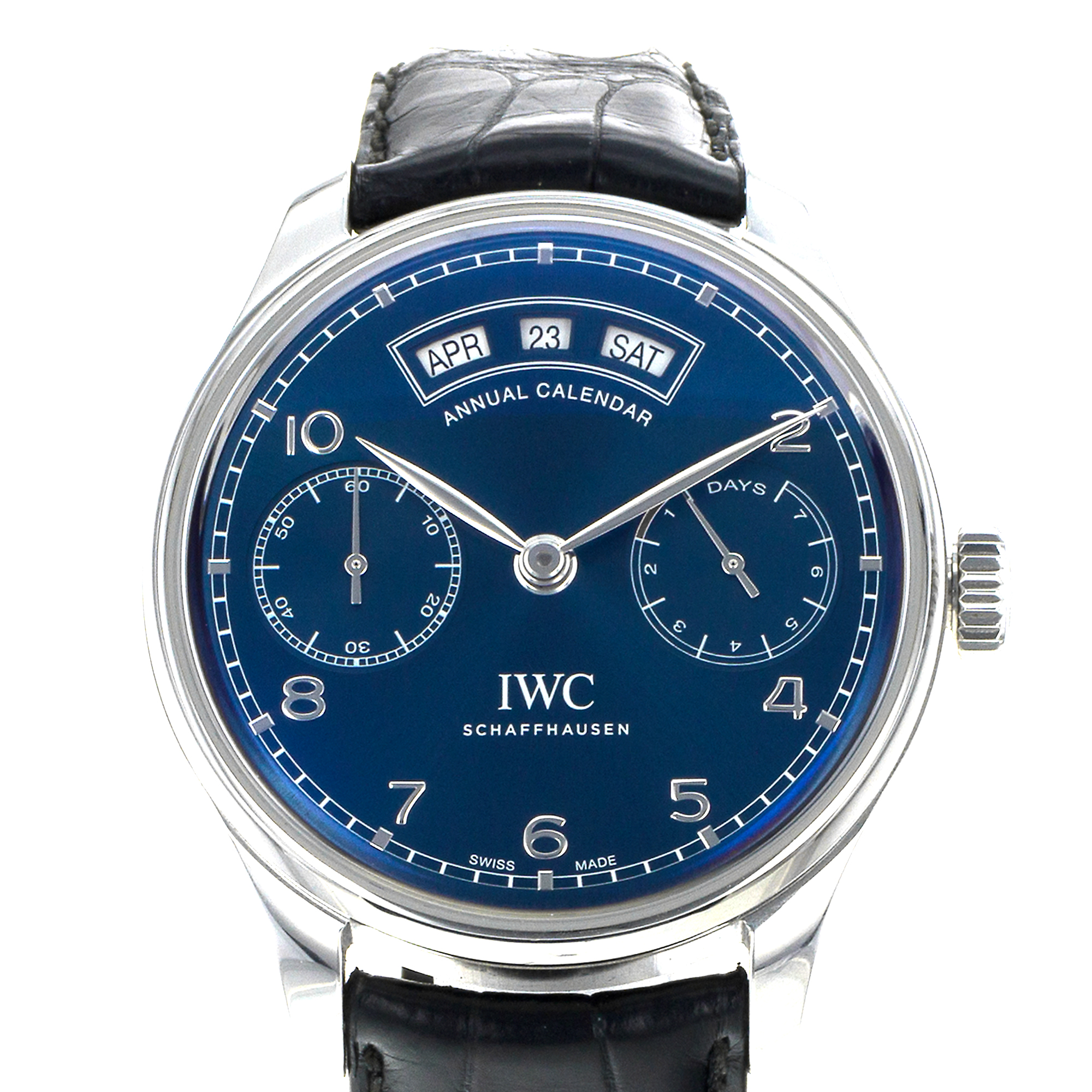 IWC Portuguese Annual Calendar IW503502 44mm Blue Steel Leather Mens Watch 2024 thumbnail 1