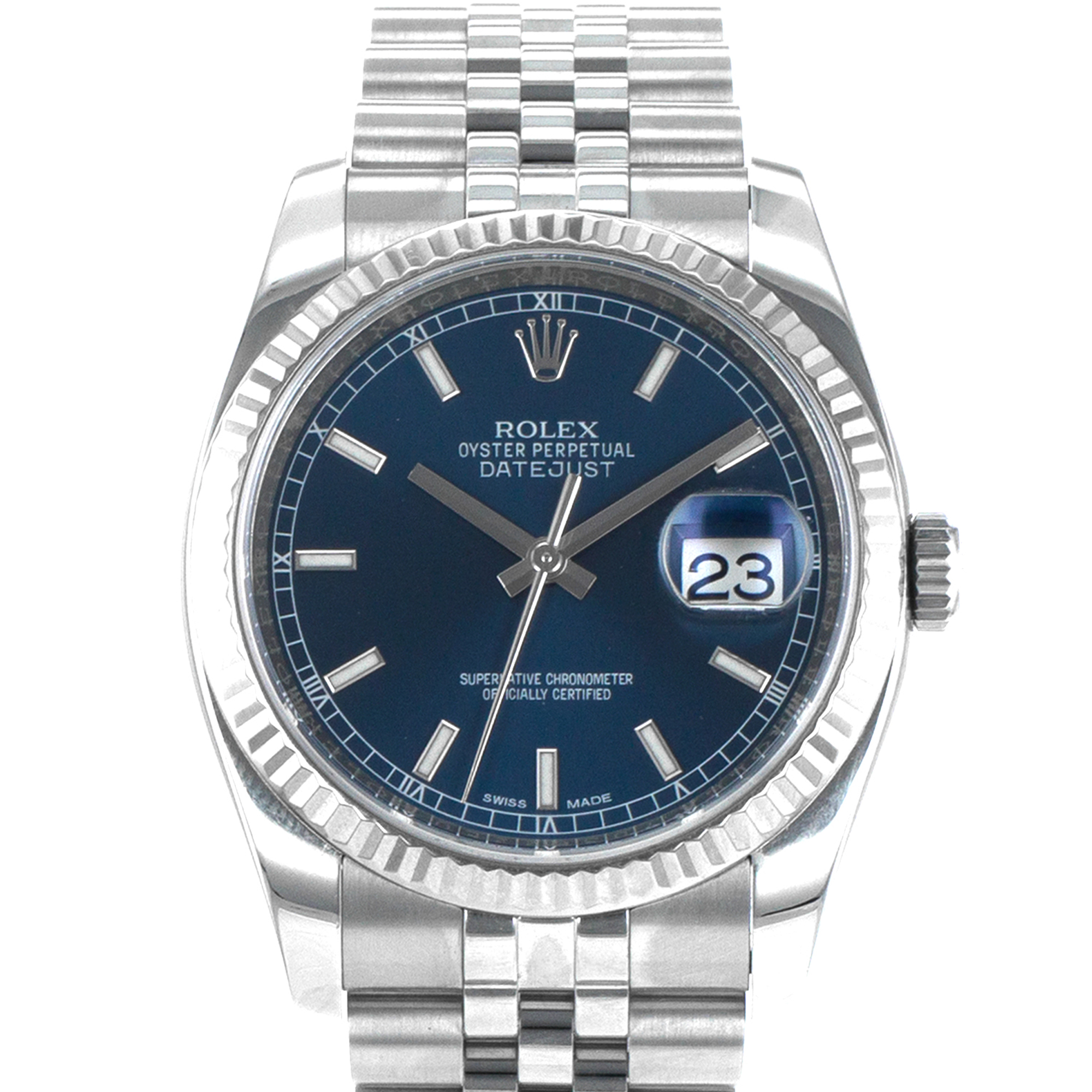 Rolex Datejust 36 116234 Blue Stick Steel White Gold Fluted Jubilee Mens Watch thumbnail 1
