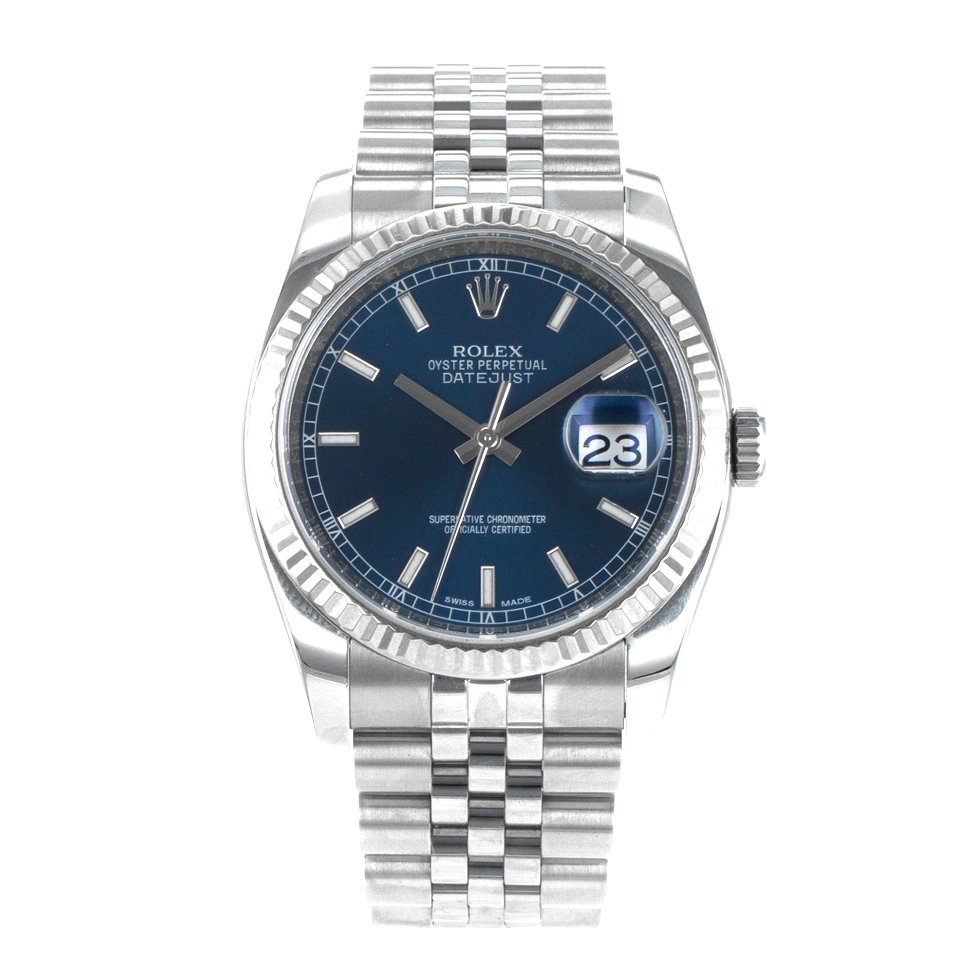 Rolex Datejust 36 116234 Blue Stick Steel White Gold Fluted Jubilee Mens Watch thumbnail 2