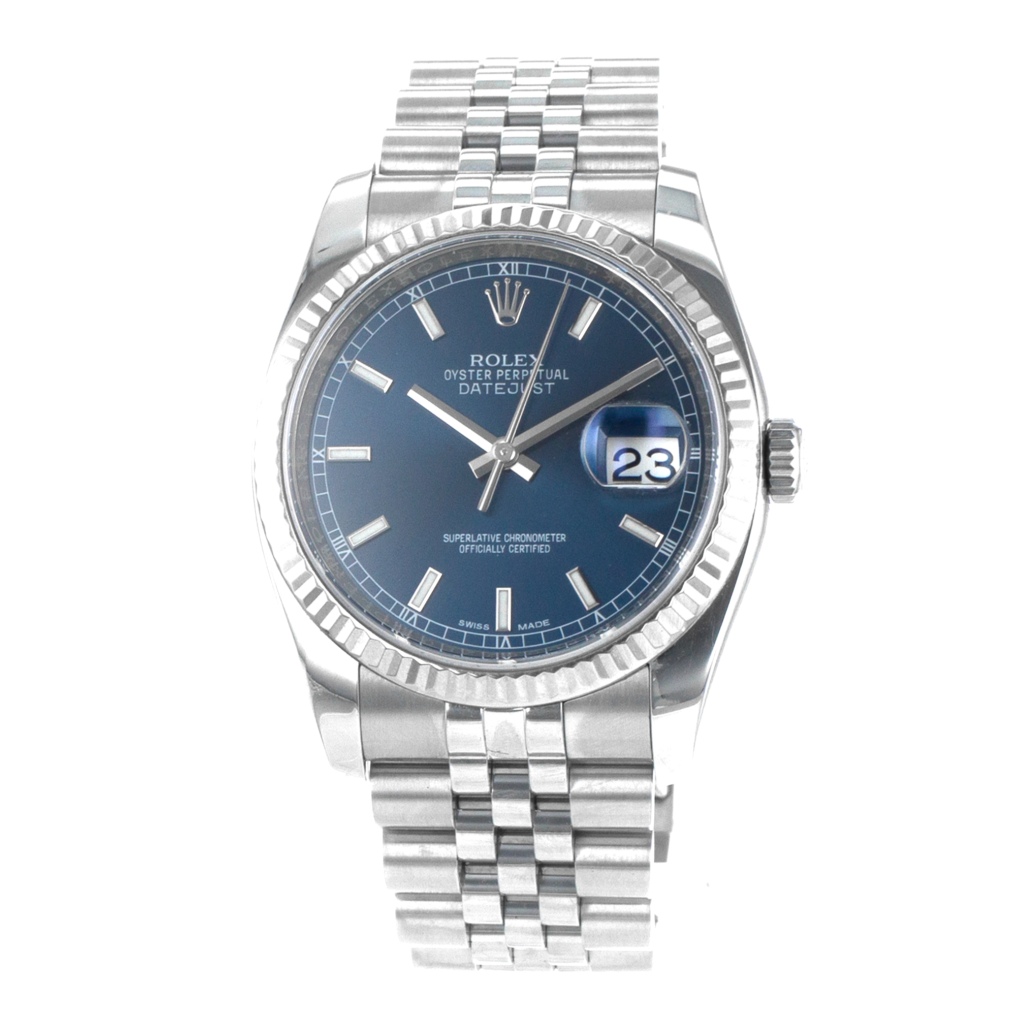 Rolex Datejust 36 116234 Blue Stick Steel White Gold Fluted Jubilee Mens Watch thumbnail 3