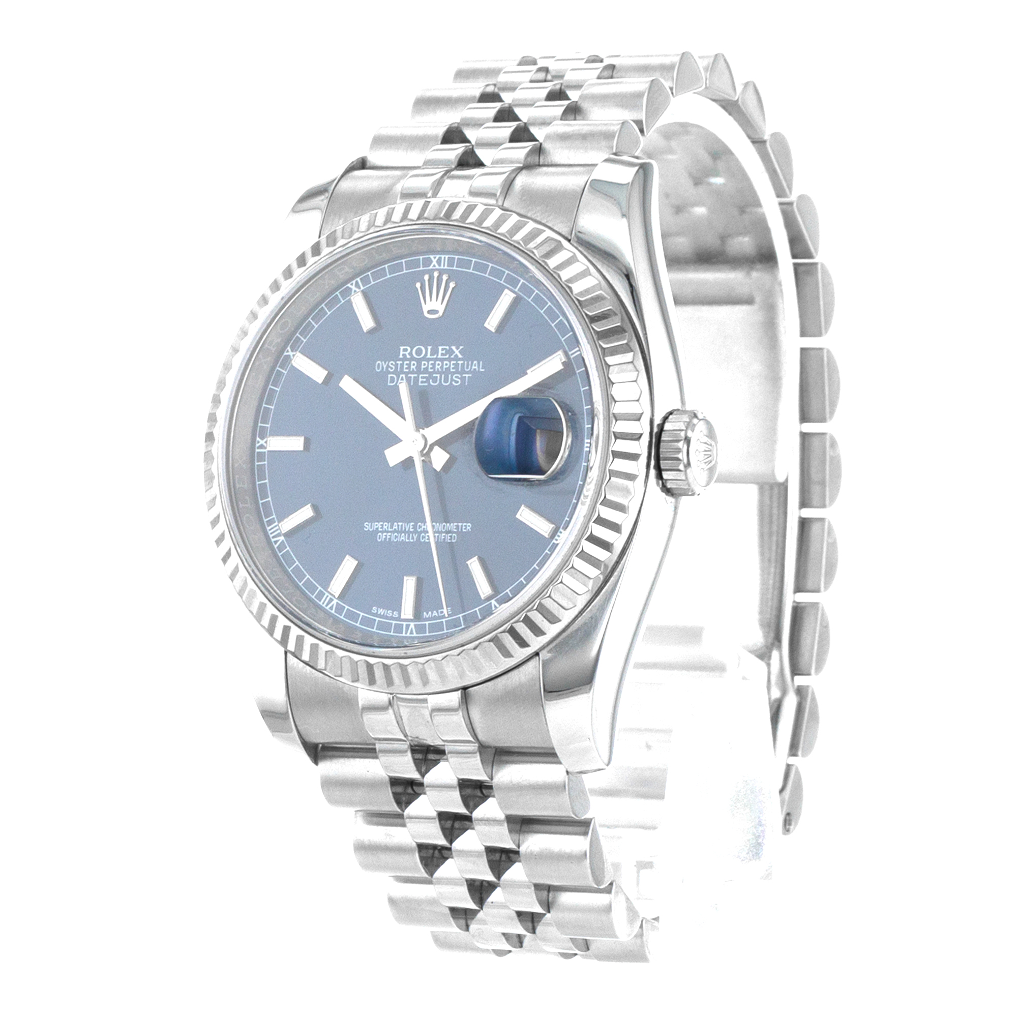 Rolex Datejust 36 116234 Blue Stick Steel White Gold Fluted Jubilee Mens Watch thumbnail 4