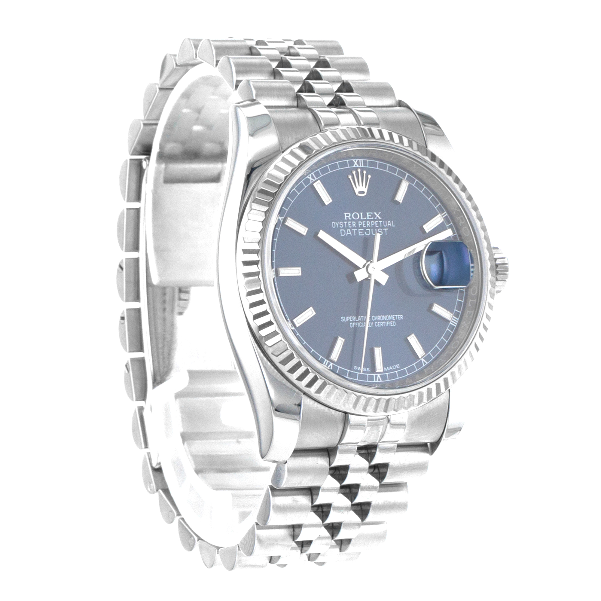 Rolex Datejust 36 116234 Blue Stick Steel White Gold Fluted Jubilee Mens Watch thumbnail 7