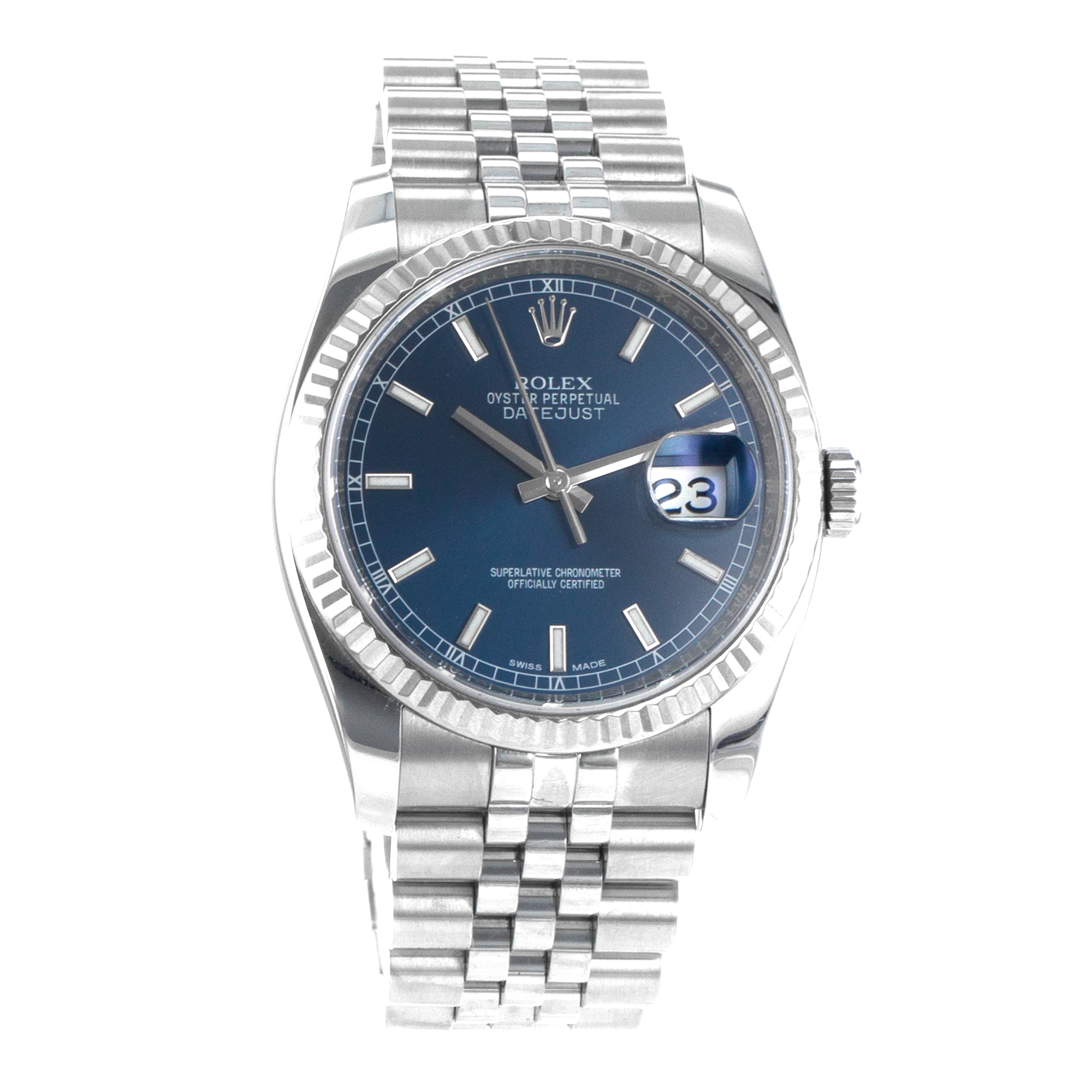 Rolex Datejust 36 116234 Blue Stick Steel White Gold Fluted Jubilee Mens Watch thumbnail 8
