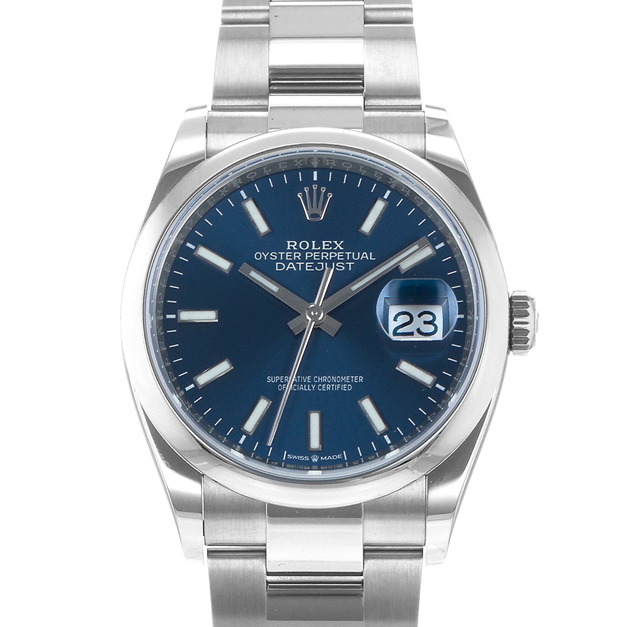 Rolex Datejust 36 126200 Blue Stick Steel Smooth Oyster Mens Watch thumbnail 1