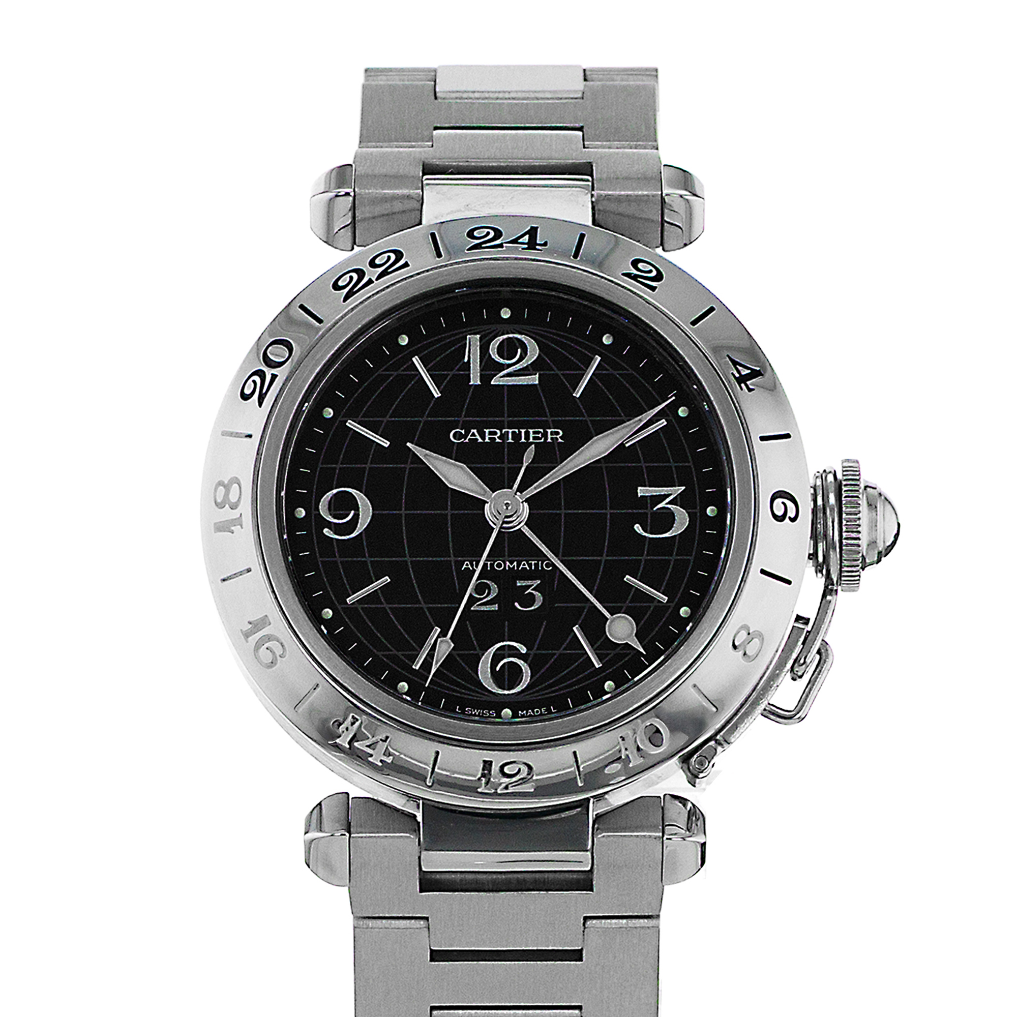 Cartier Pasha W31049M7 2550 35MM Black Arabic GMT Steel Automatic Mens Watch thumbnail 1